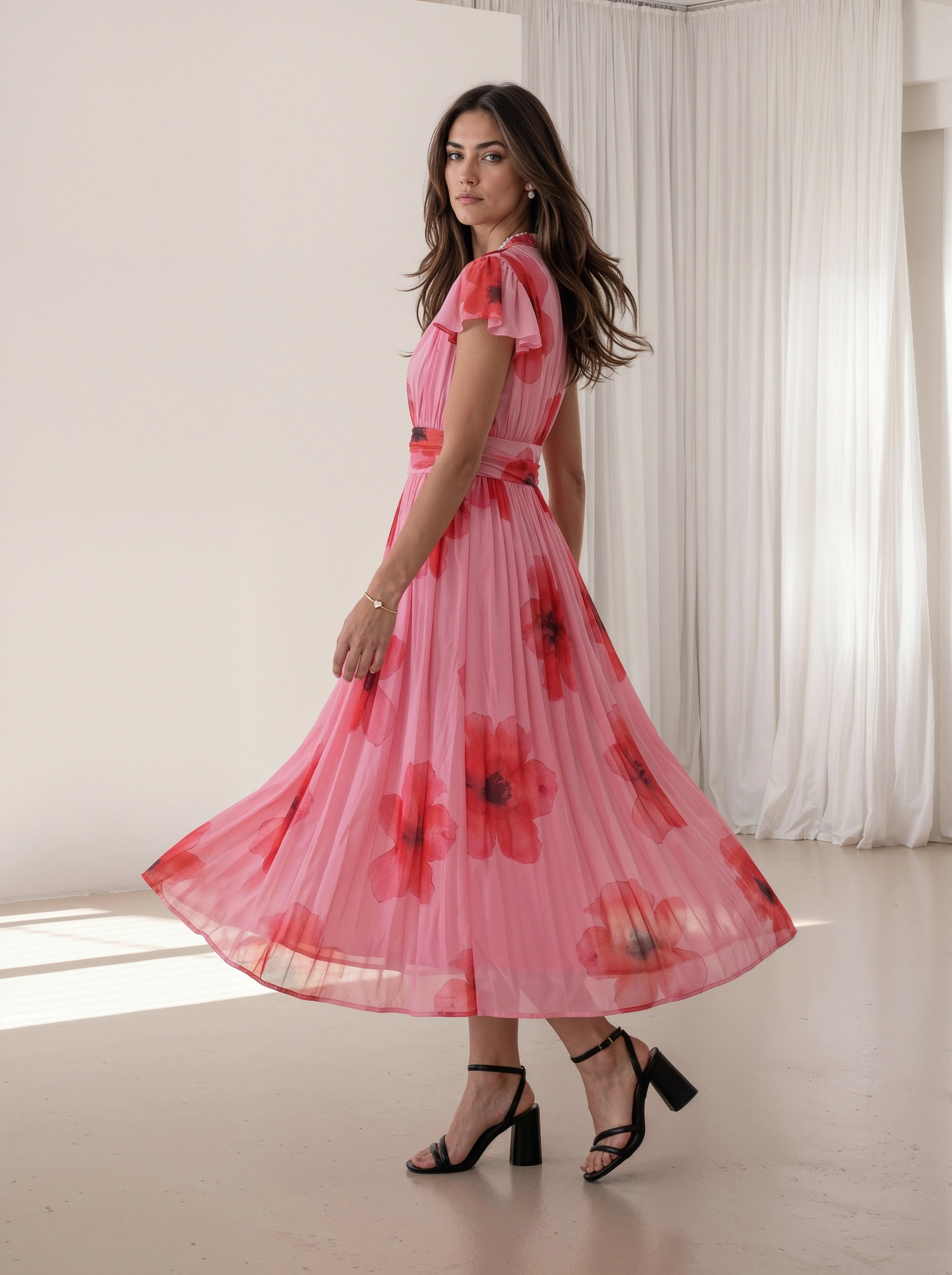 Pink Floral Print Flutter Sleeve Midi Dress