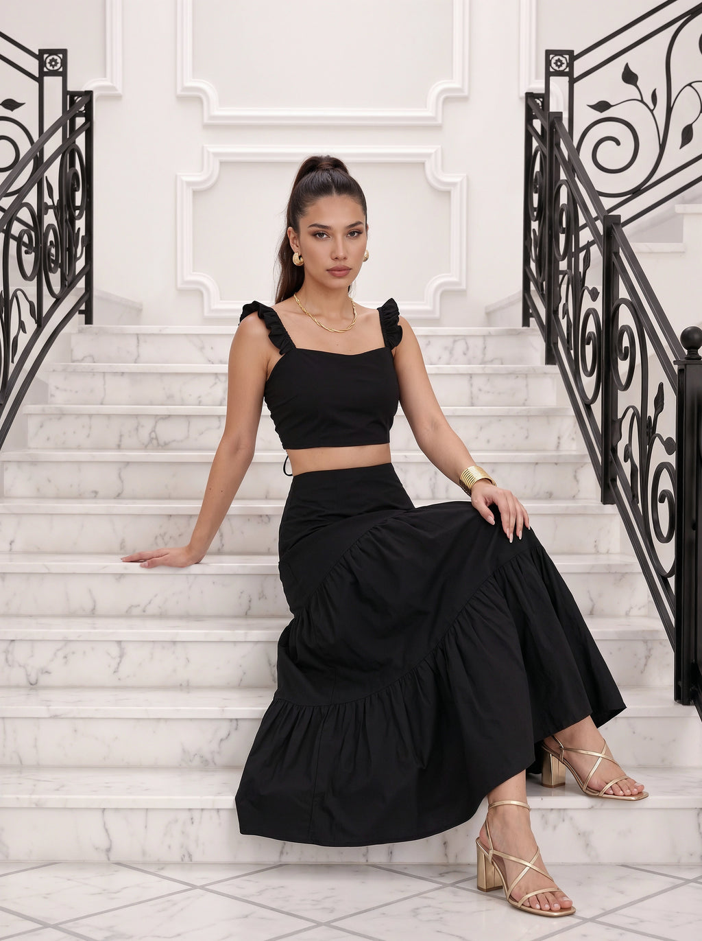 Black Ruffle Strap Crop Top & Tiered Skirt Co-Ord Set