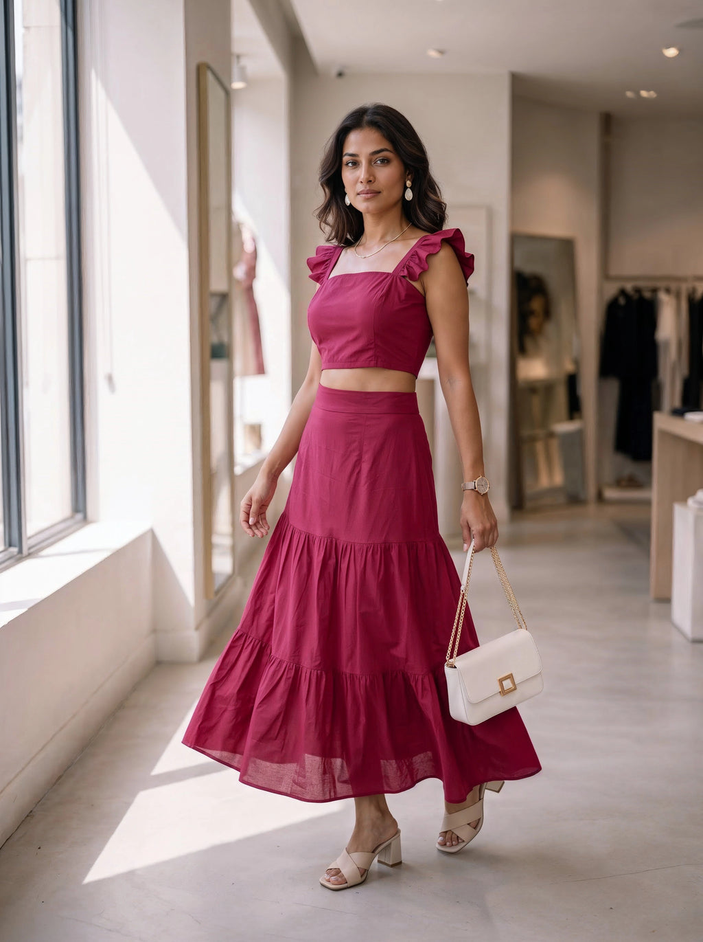 Berry Pink Ruffle Sleeve Crop Top & Tiered Skirt Co-Ord Set