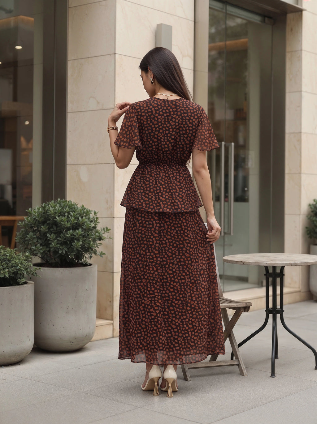 Brown Printed Peplum Top & Maxi Skirt Co-Ord Set