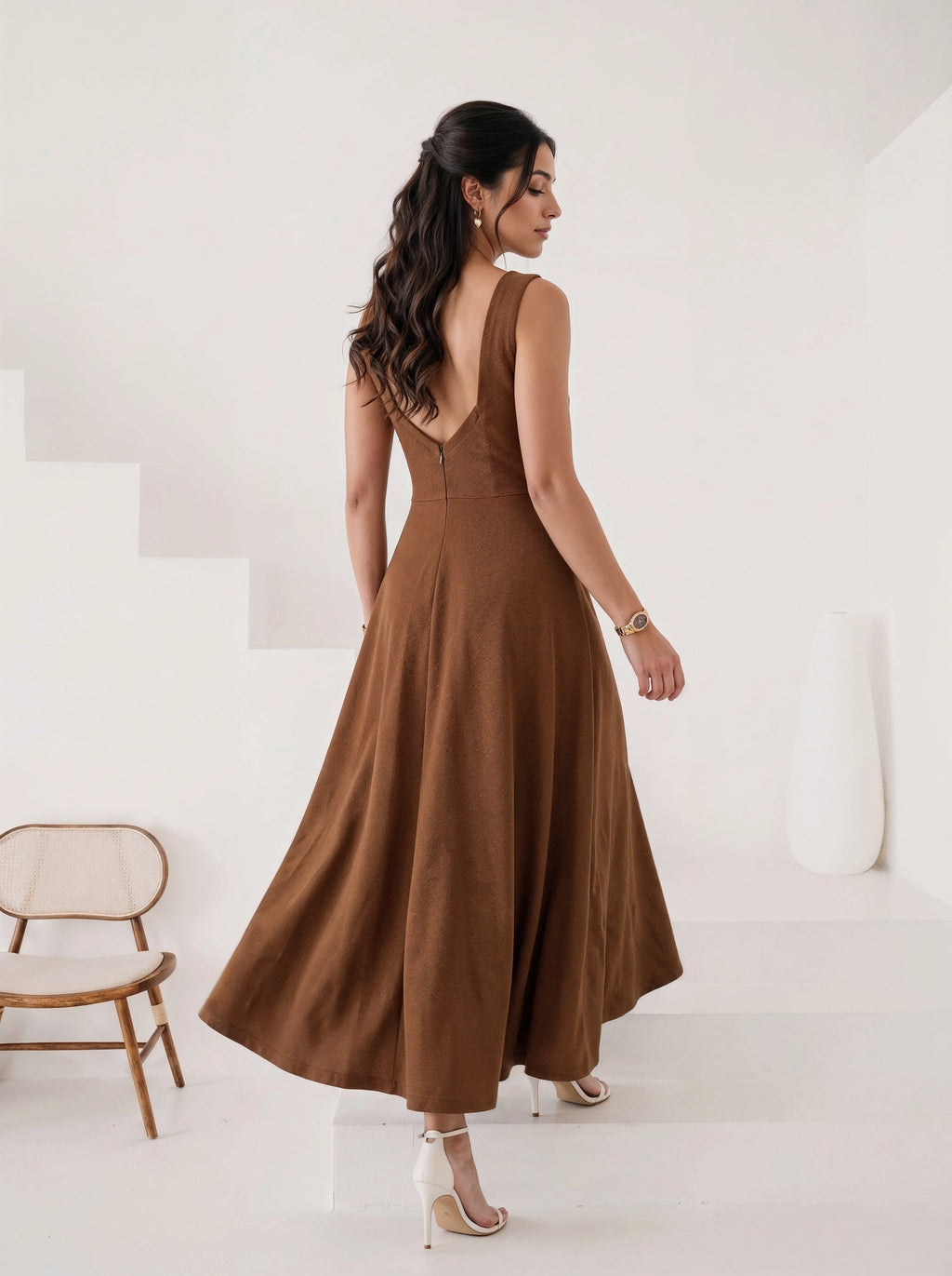 Mocha Elegance Sleeveless Flared Maxi Dress