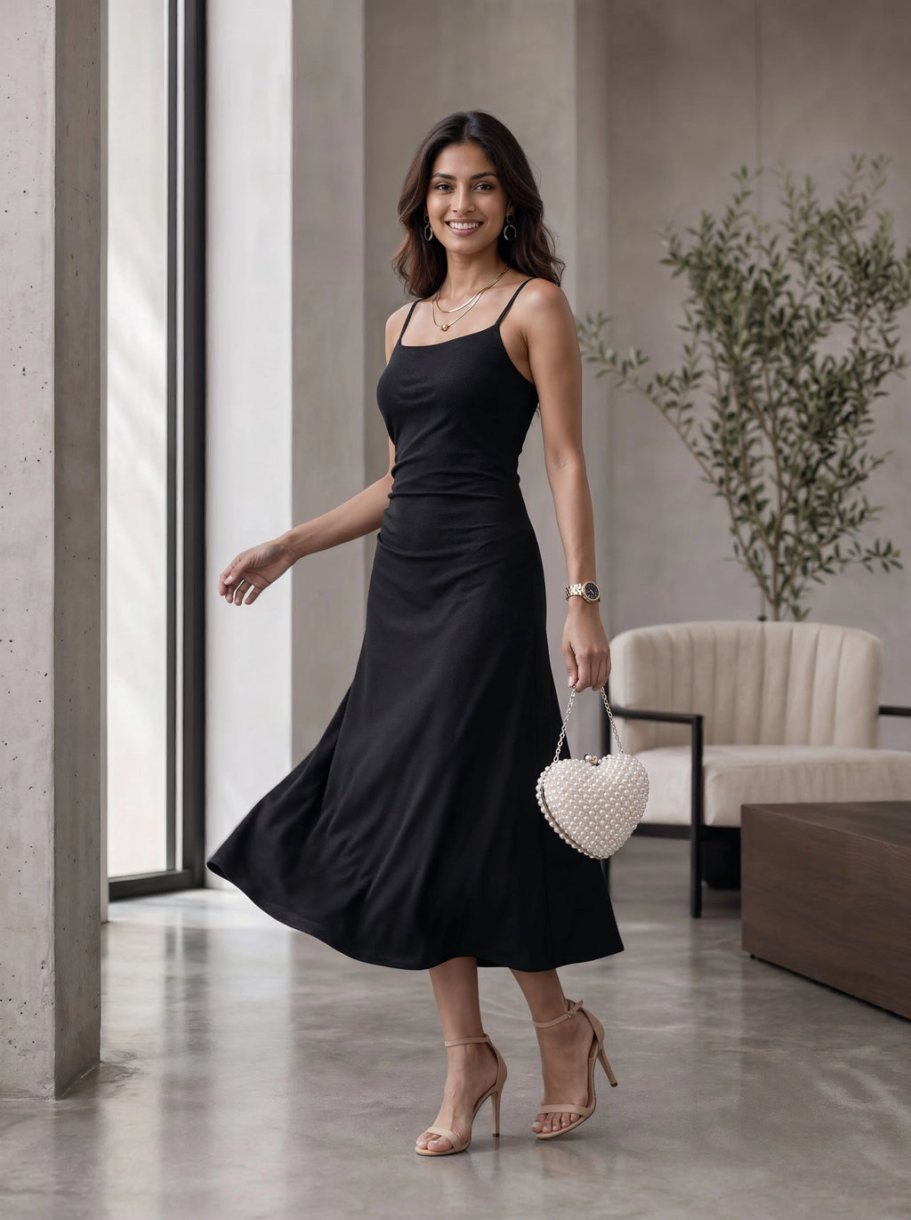 Black Midi Dress with Spaghetti Straps