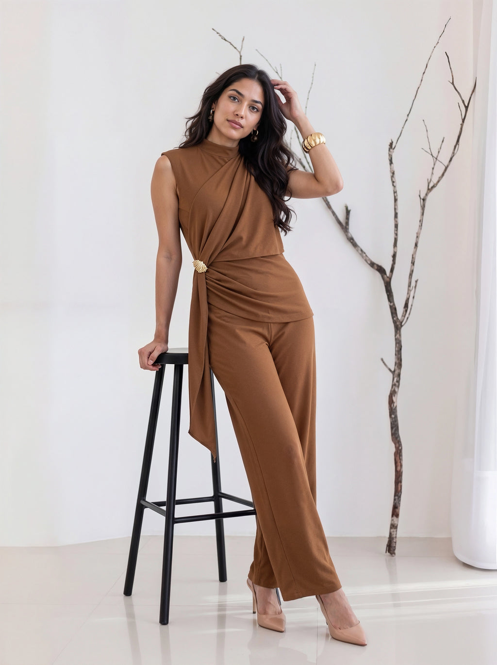Mocha Draped Sleeveless Co-Ord Set