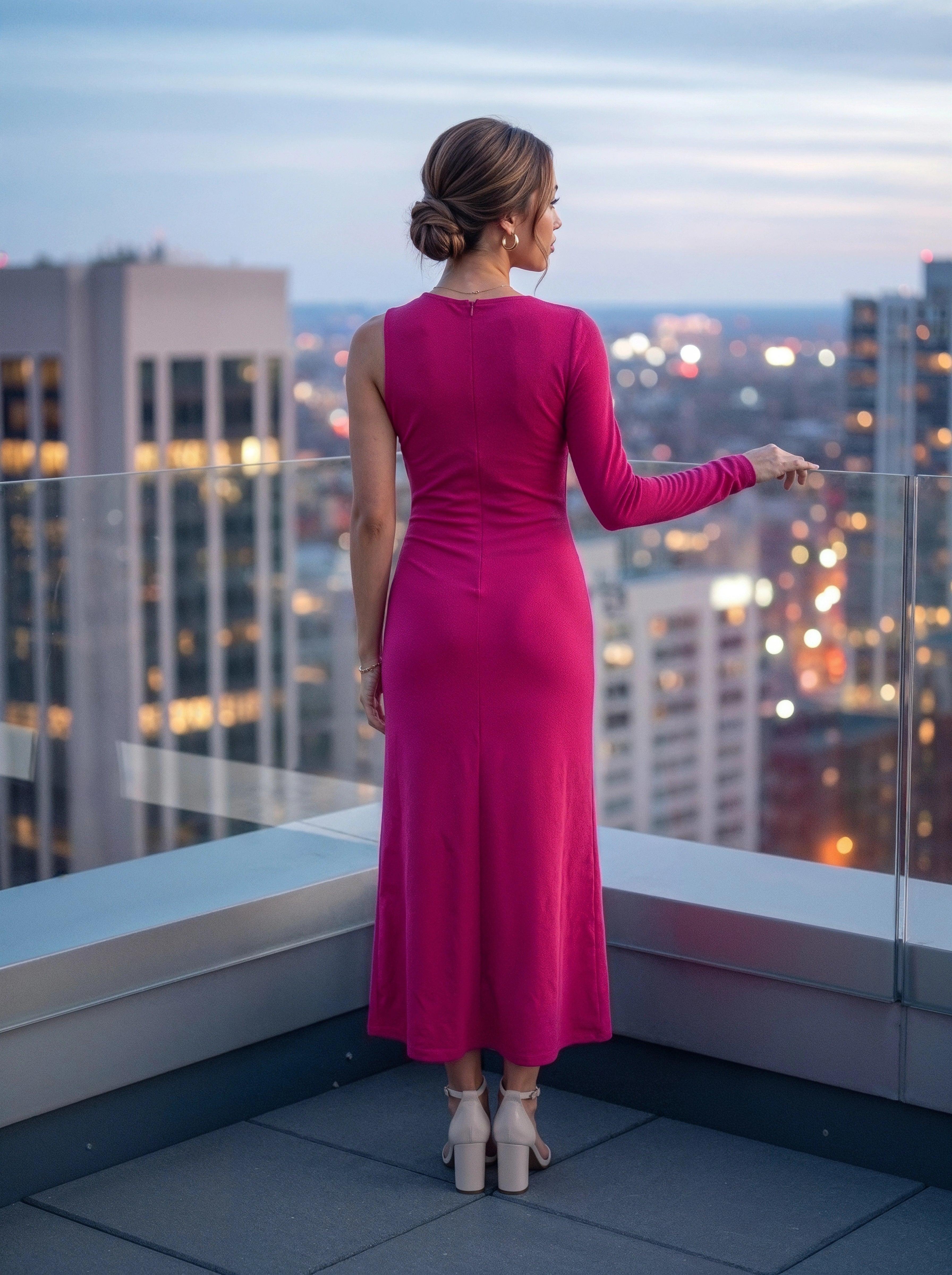 Fuchsia One-Shoulder Bodycon Midi Dress
