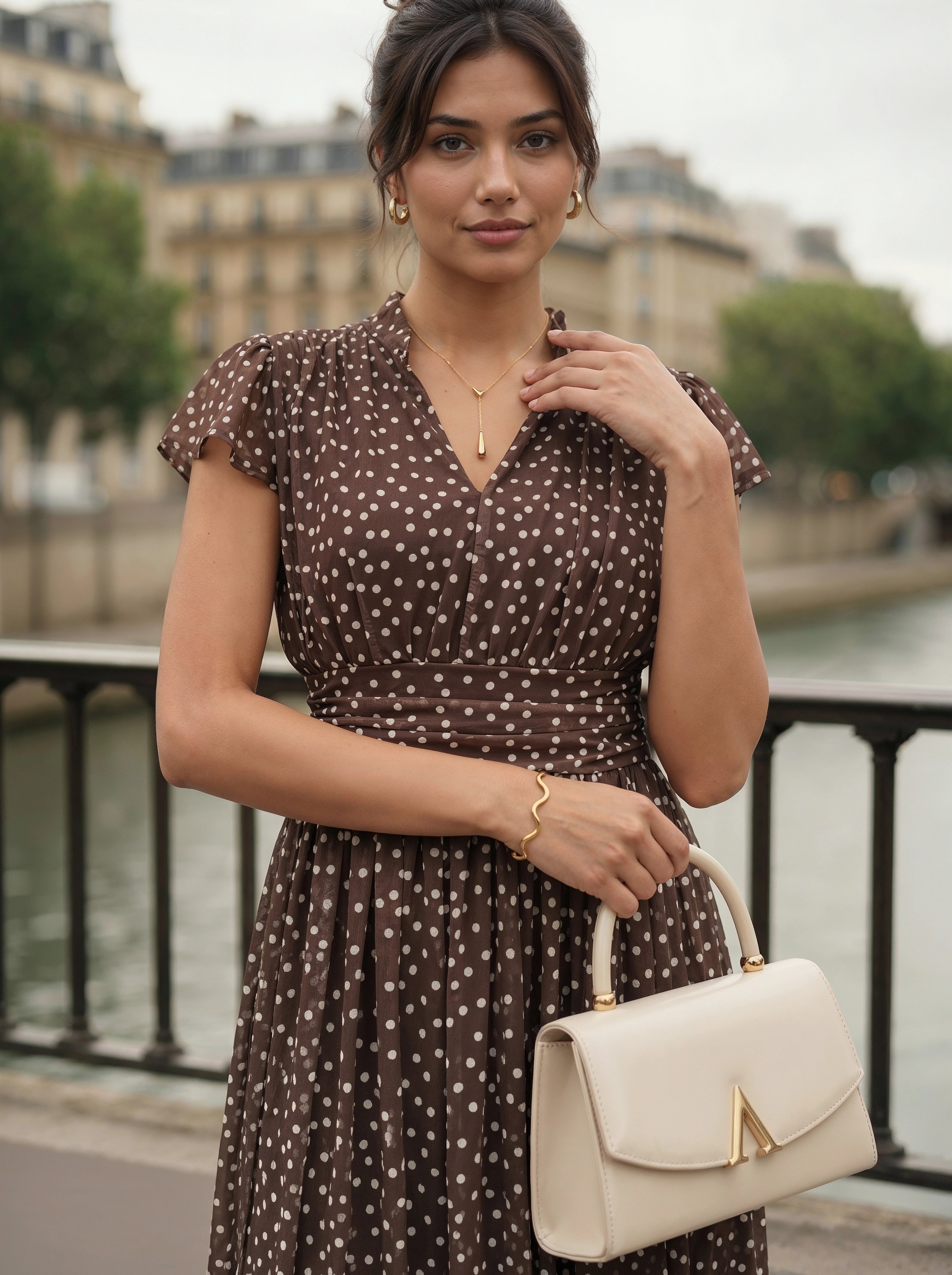 Brown Polka Dot Flutter Sleeve Maxi Dress