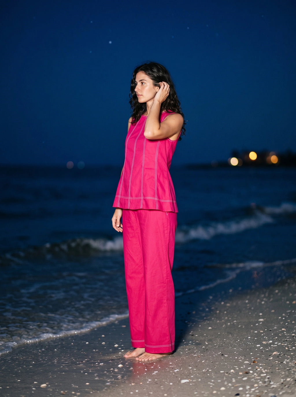 Pink Contrast-Stitch Sleeveless Top & Wide-Leg Pants Co-Ord Set