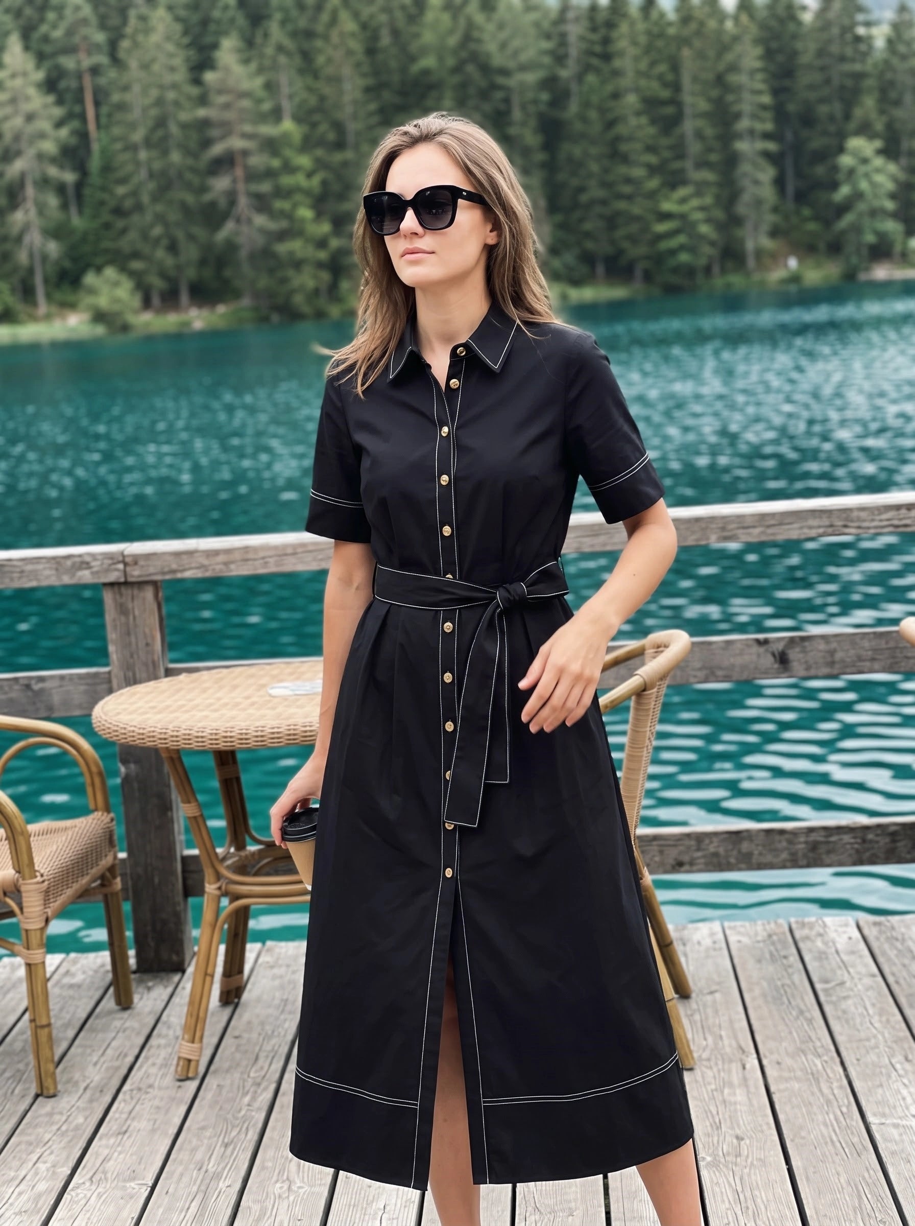 Black Shirt Dress with Contrast Stitching & Waist Tie