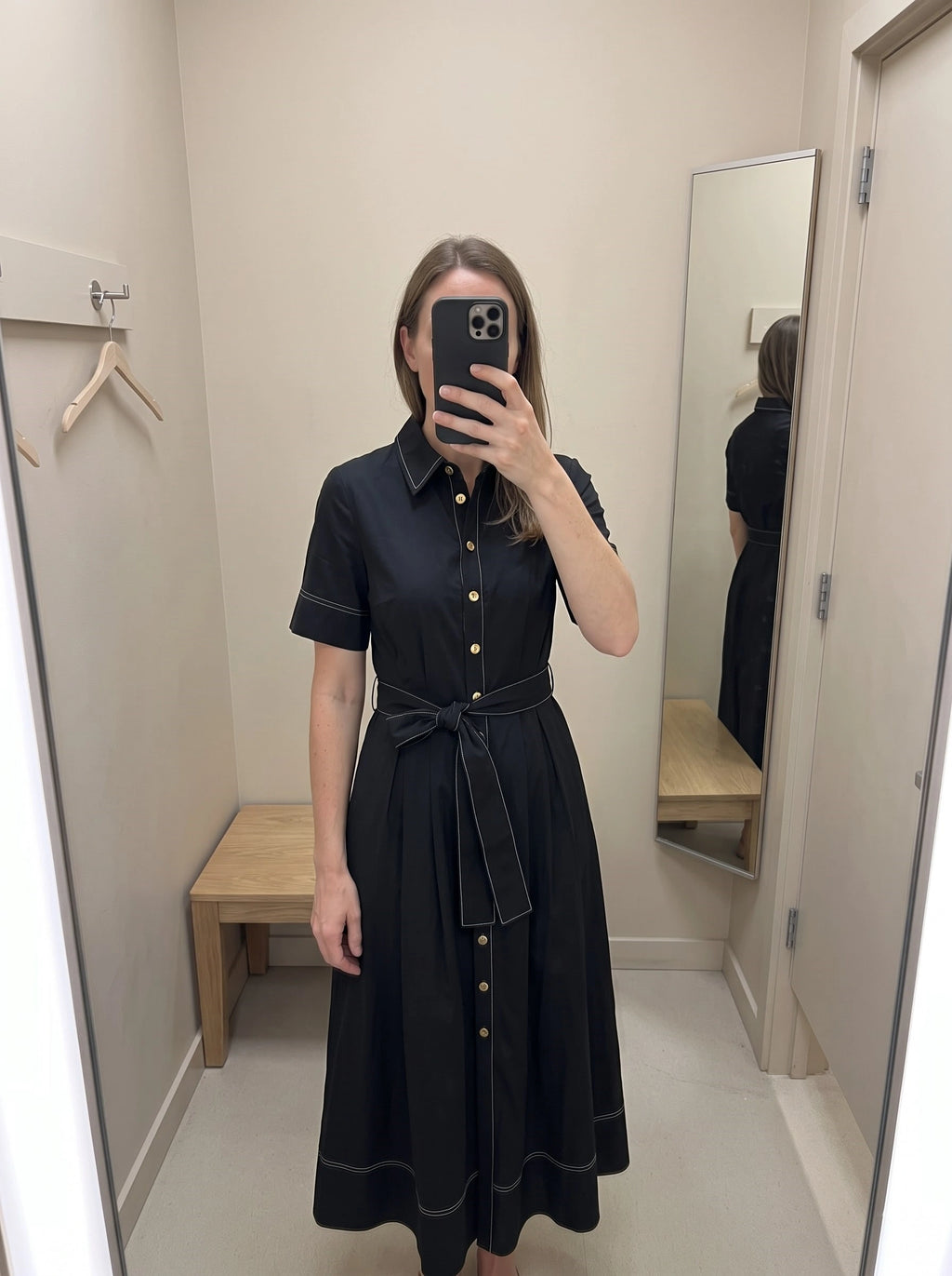 Black Shirt Dress with Contrast Stitching & Waist Tie