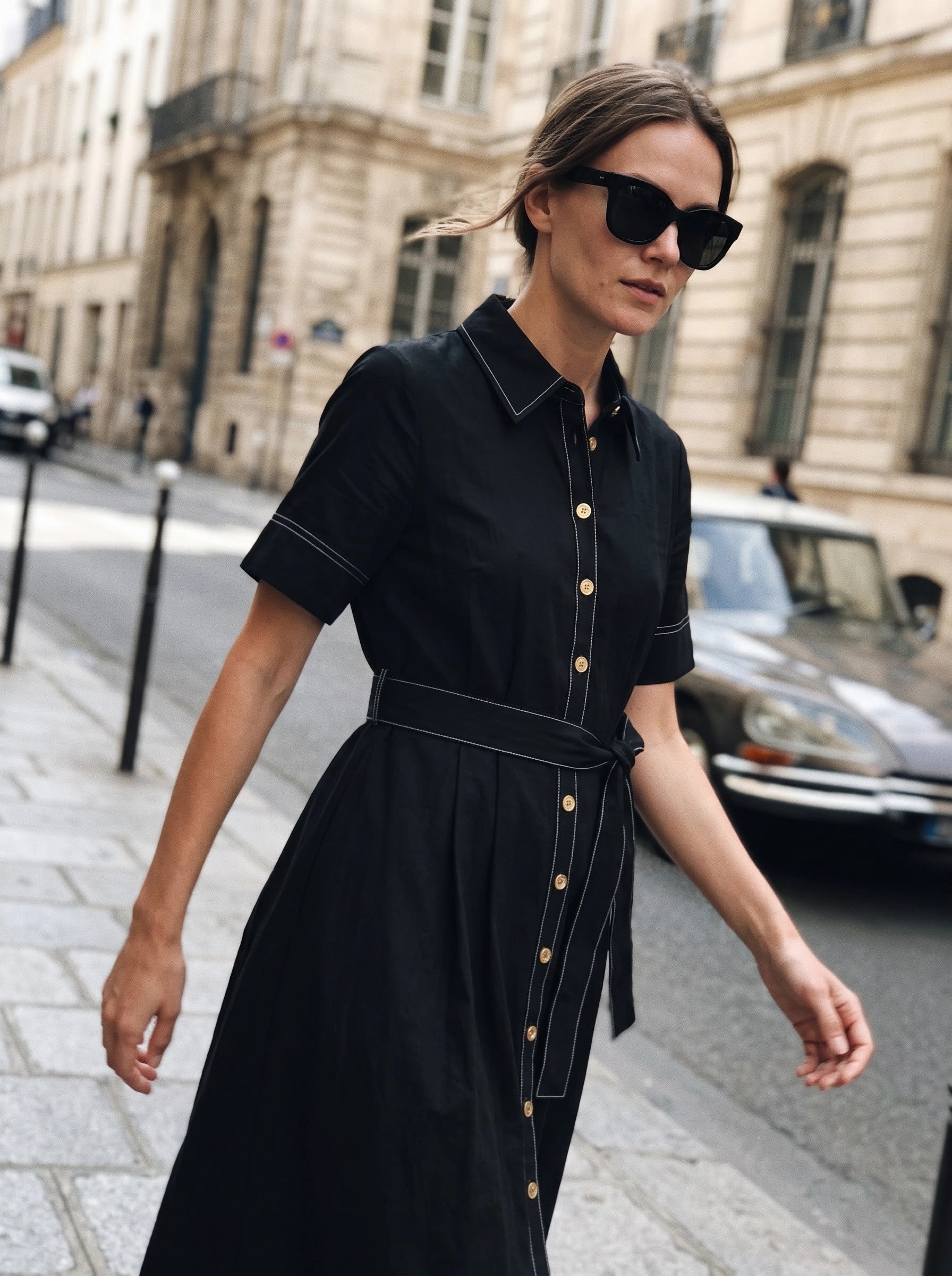 Black Shirt Dress with Contrast Stitching & Waist Tie