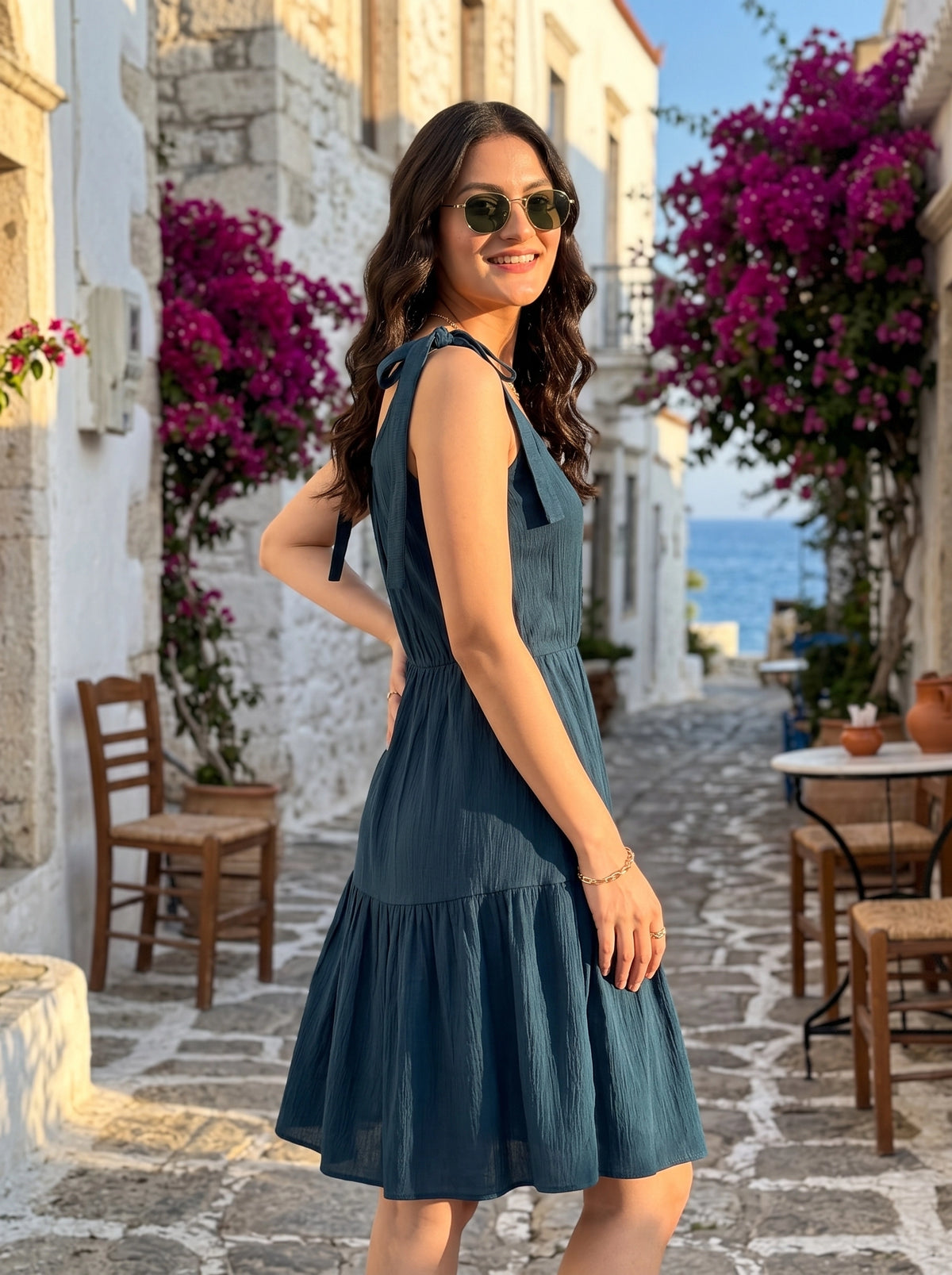 A woman wearing a sleeveless teal blue tiered dress and sunglasses stands on a cobblestone street in a Mediterranean-style town, with white buildings, purple bougainvillea flowers, and the blue sea in the background.