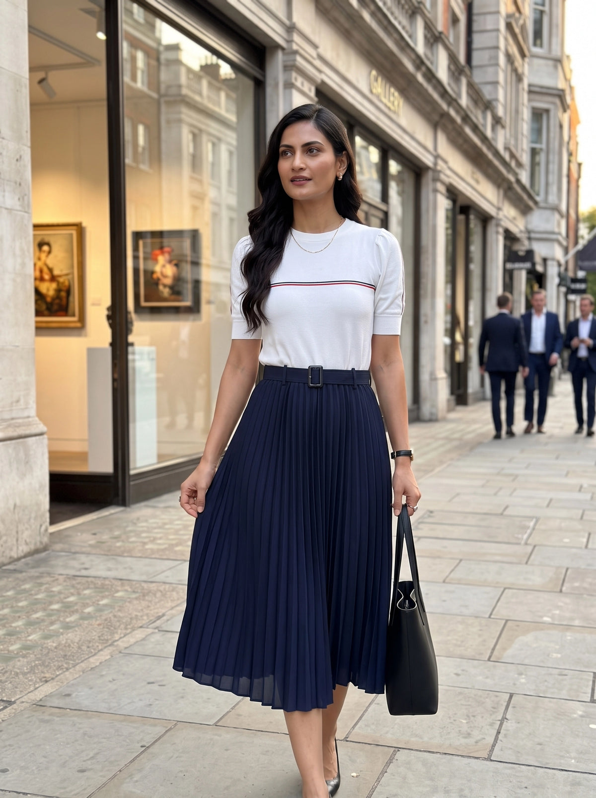 A woman walking on a city sidewalk wearing a white short-sleeve top with a thin red stripe across the chest and a navy pleated midi skirt, holding a black handbag.