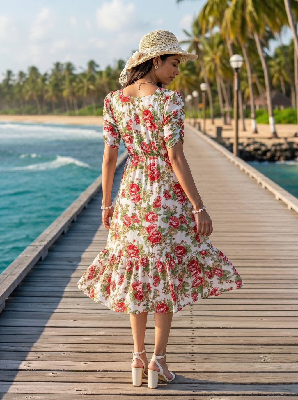 A woman stands on a wooden dock by the ocean wearing a cream floral midi dress with red and pink flowers, a straw hat, and white high heels. Palm trees and blue water are visible in the background.