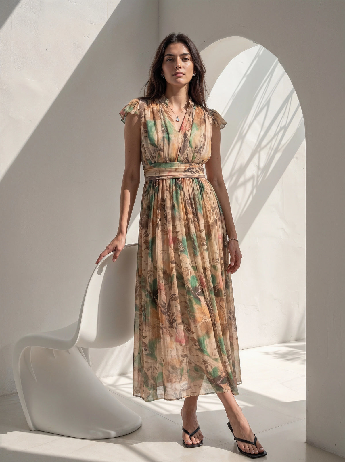 A woman models a sleeveless midi dress with a beige, brown, and green botanical print, standing in a minimalist white room with a modern white chair and strong architectural shadows.