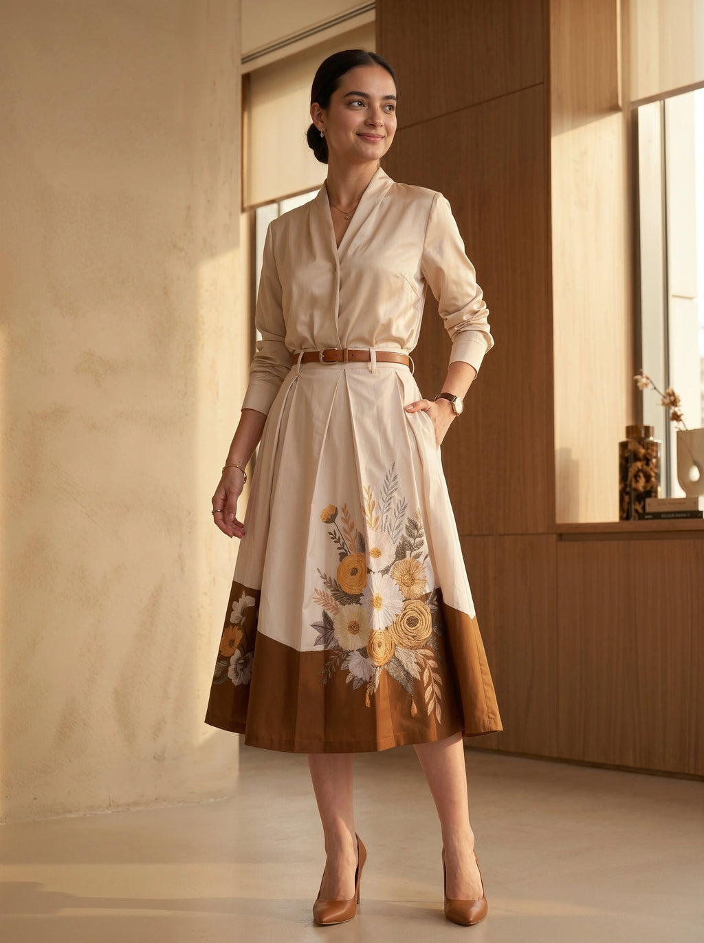 Woman wearing a Brown Skirt with floral patterns in a room with wooden paneling.