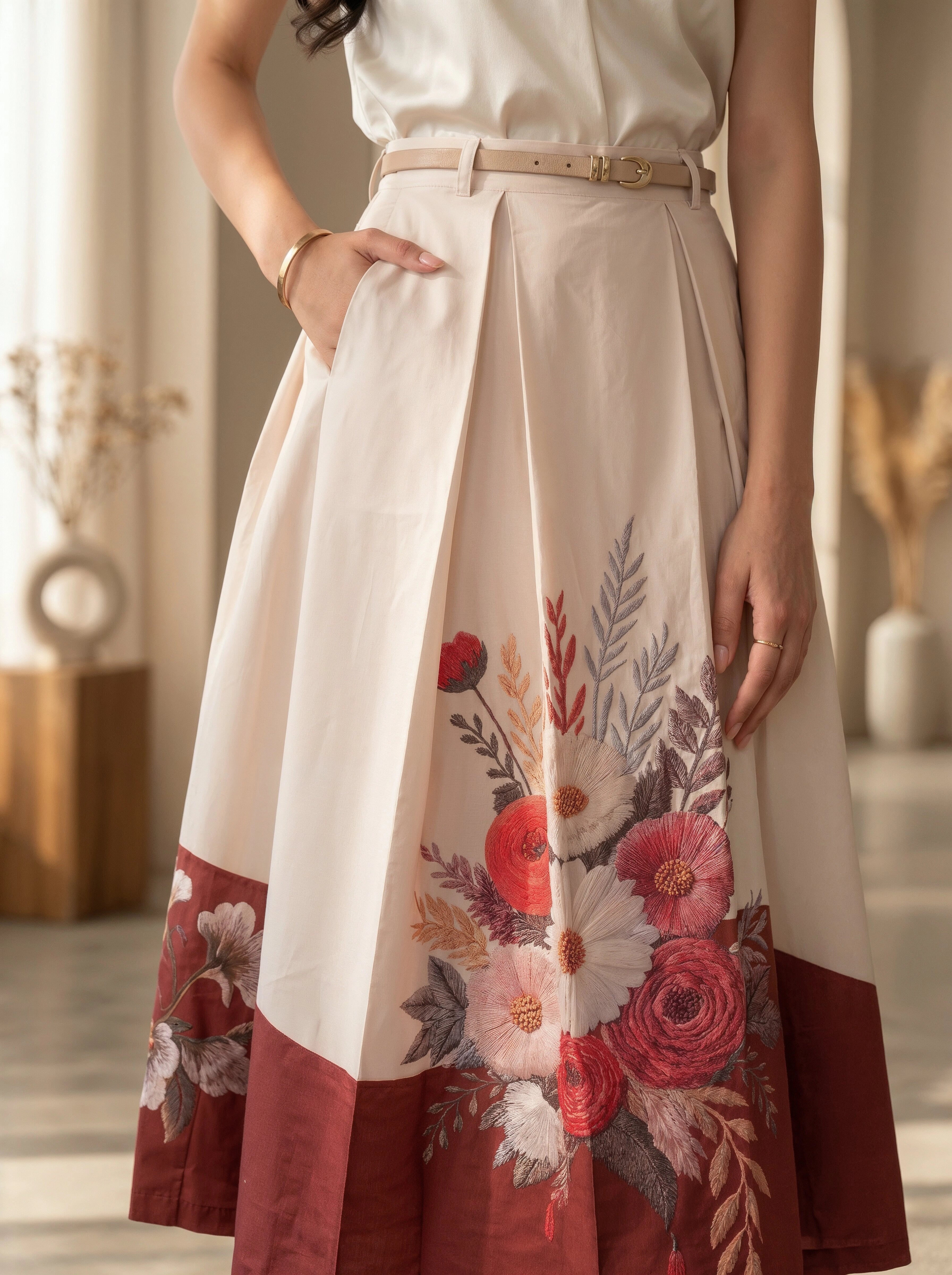 Woman wearing a beige skirt with red floral embroidery in a neutral indoor setting