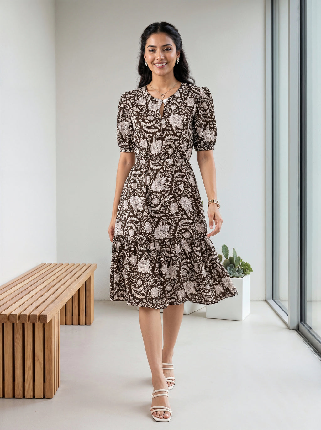 A woman modeling a short-sleeve midi dress with a brown and beige floral toile pattern, standing in a bright, modern room with a wooden bench and large windows.