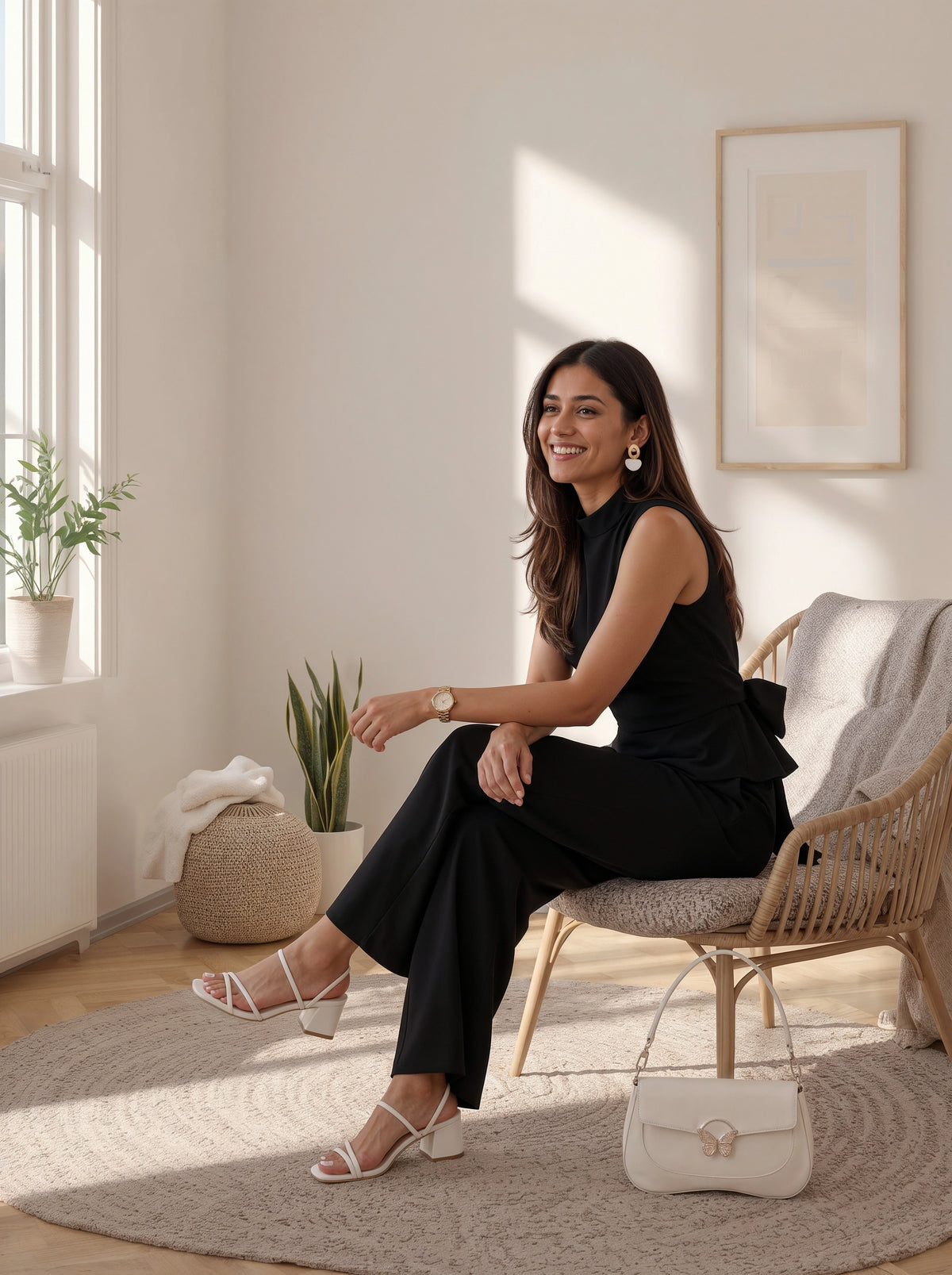 A woman sits on a woven chair in a bright, sunlit room wearing a black sleeveless top and black wide-leg pants with white strappy heeled sandals. A white handbag rests beside her on a light rug, with plants and framed wall art in the background.