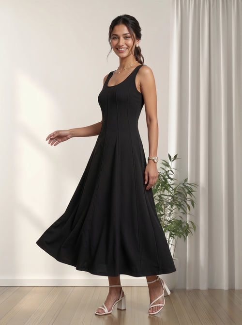 A woman modeling a sleeveless black midi dress with a fitted bodice and flared skirt, standing in a bright indoor room with light wood flooring, white curtains, and a small potted plant.