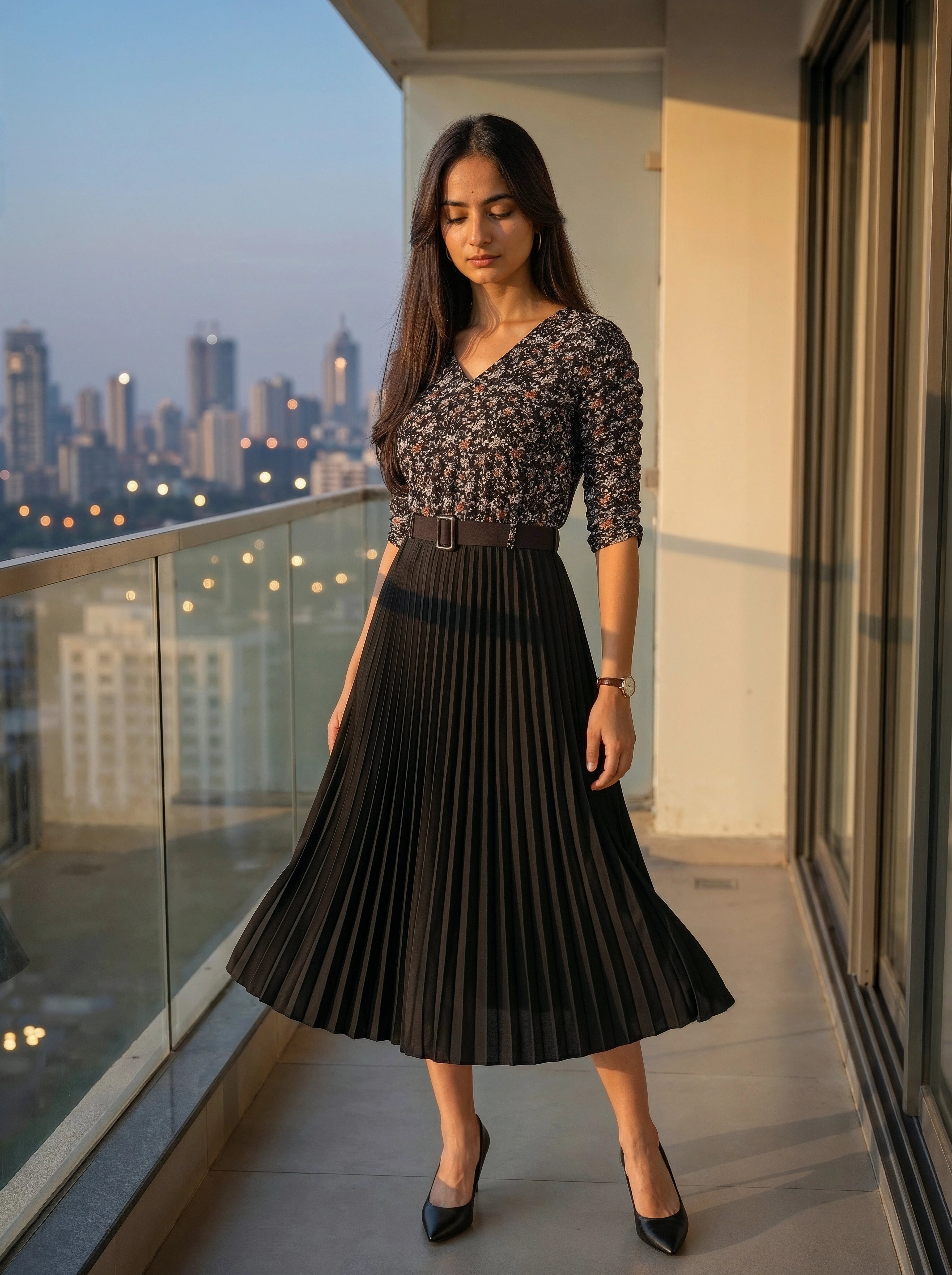 Woman in a black dress standing on a balcony with a cityscape view.