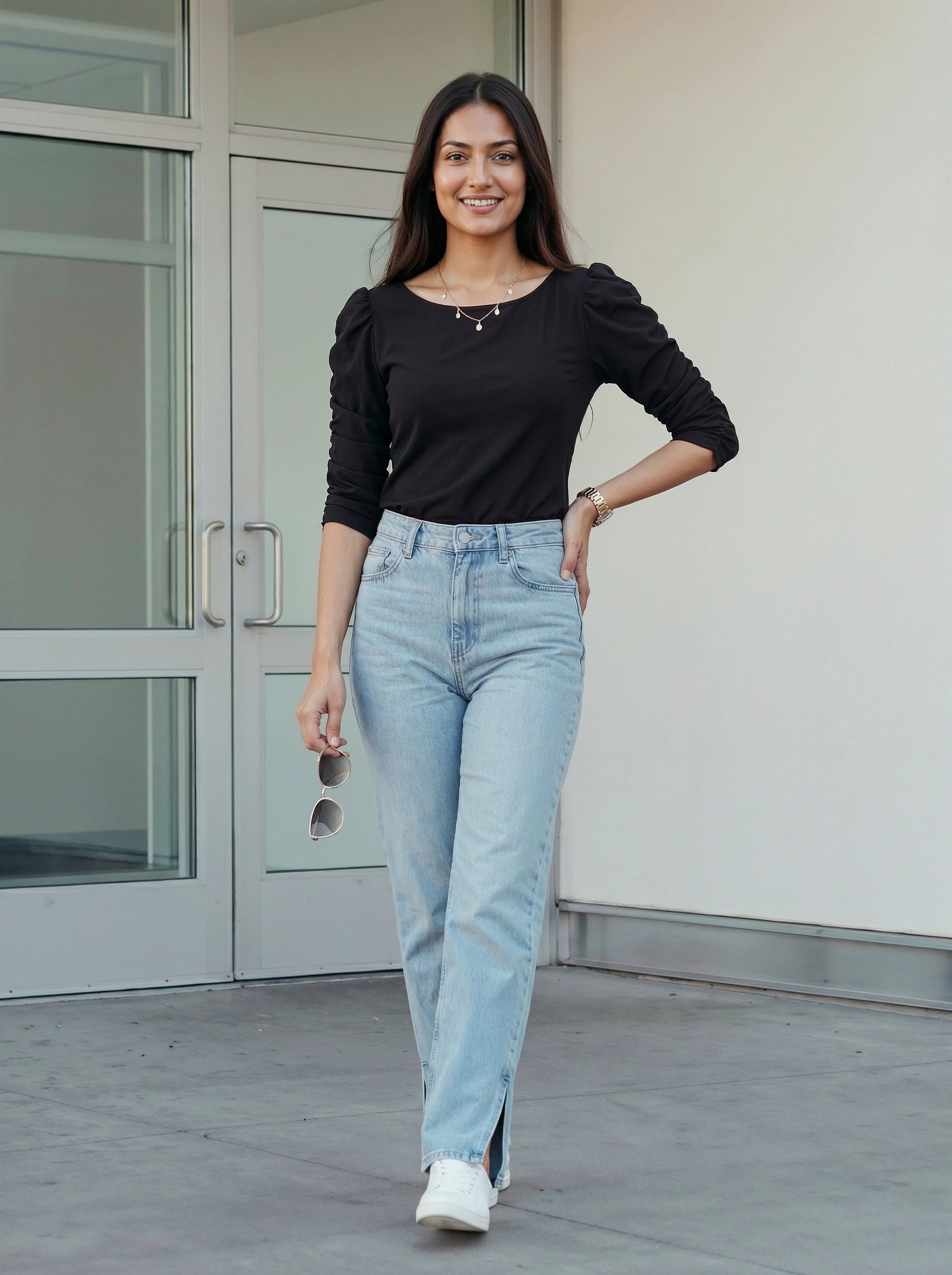 Woman wearing a black top and light blue jeans standing in front of a glass door.