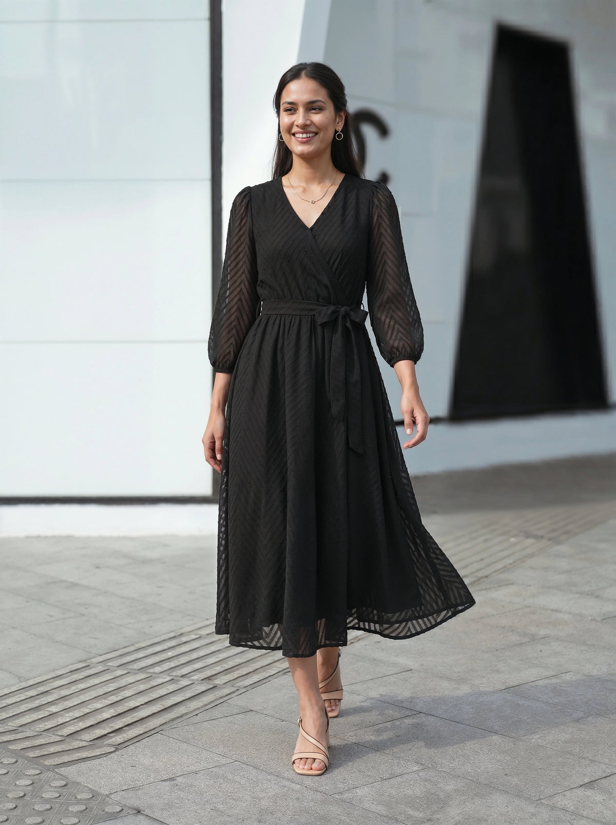 midi v neck black tie dress Wrap V-Neck with Tie-Waist Detail – EverMore Size:5A _linked_fluttermidi neckline Tie belt at Show Us Your Mardi