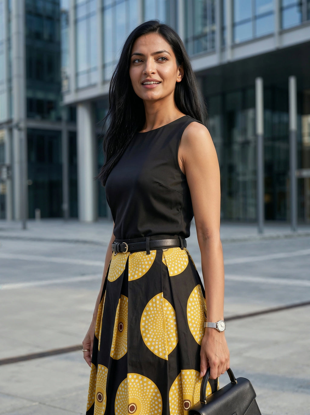 Woman in a black top and yellow patterned skirt standing in an urban setting.