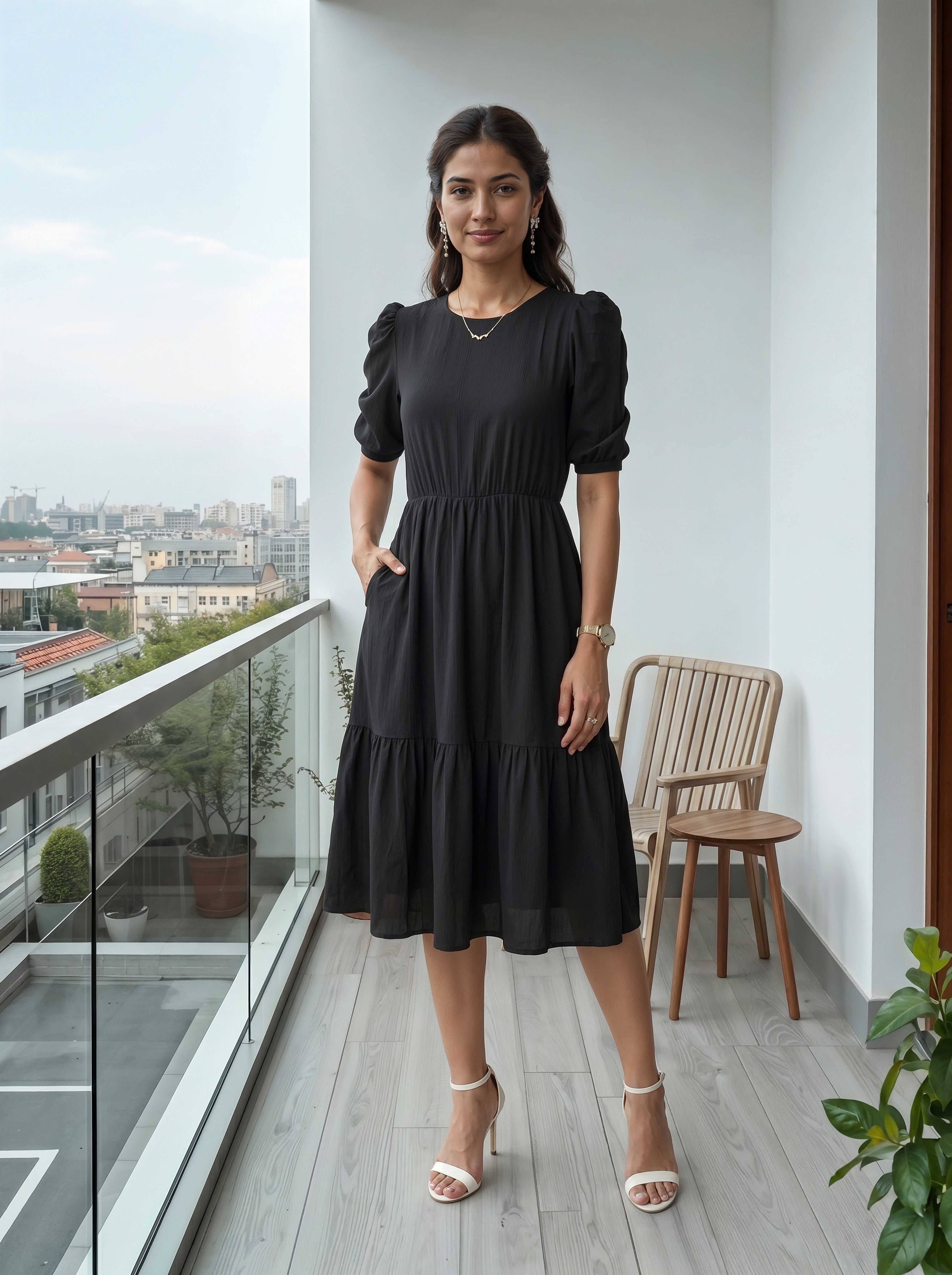 Woman in a black dress standing on a balcony with a cityscape view.