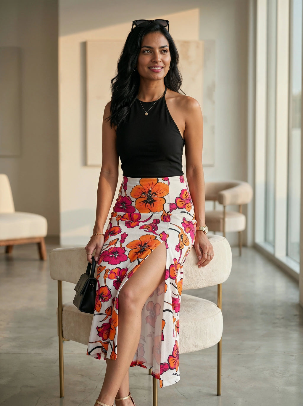 Woman in a black top and floral skirt sitting on a chair indoors.
