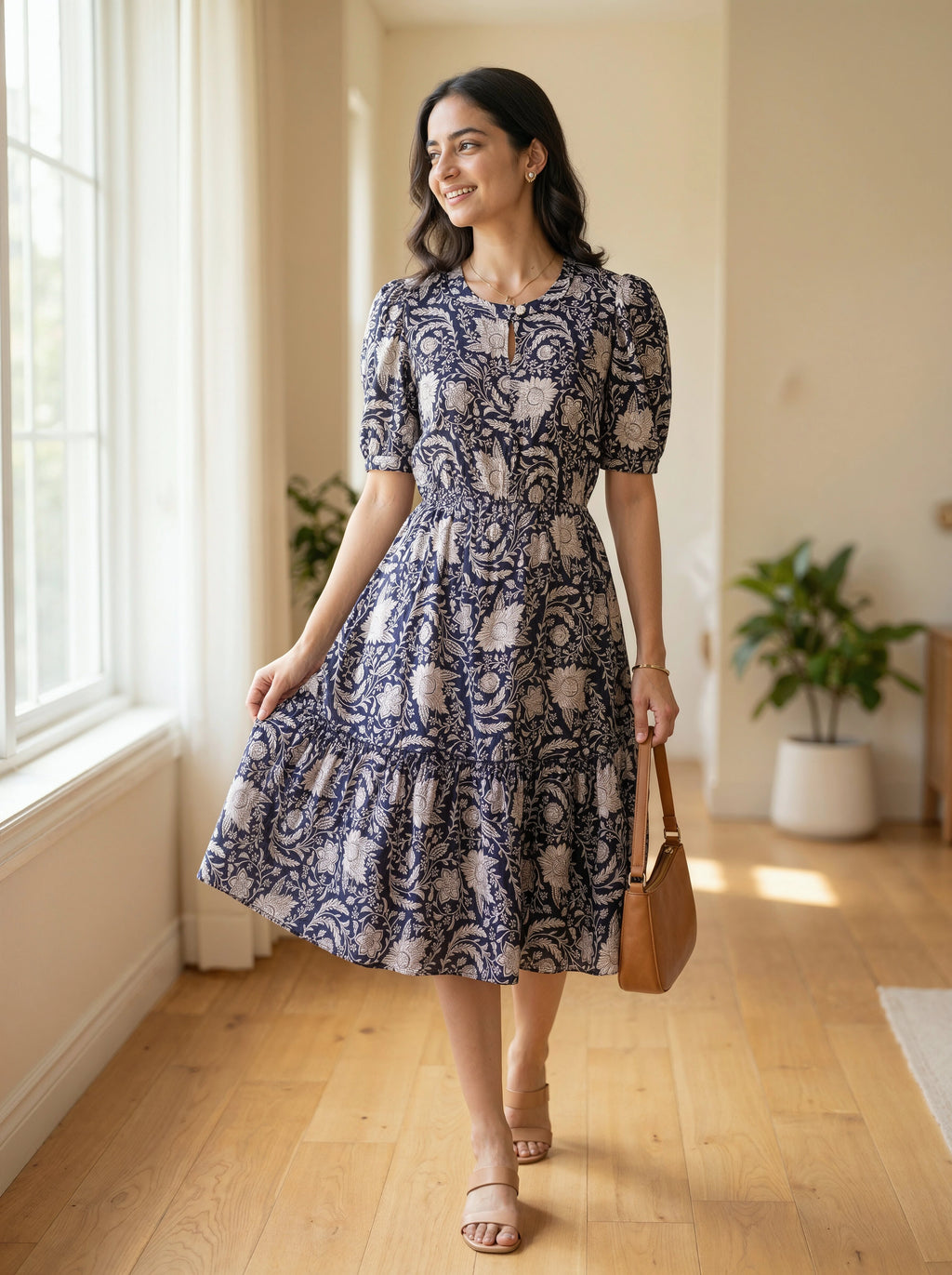 Woman in a blue patterned dress standing in a bright room with wooden floor and large window.