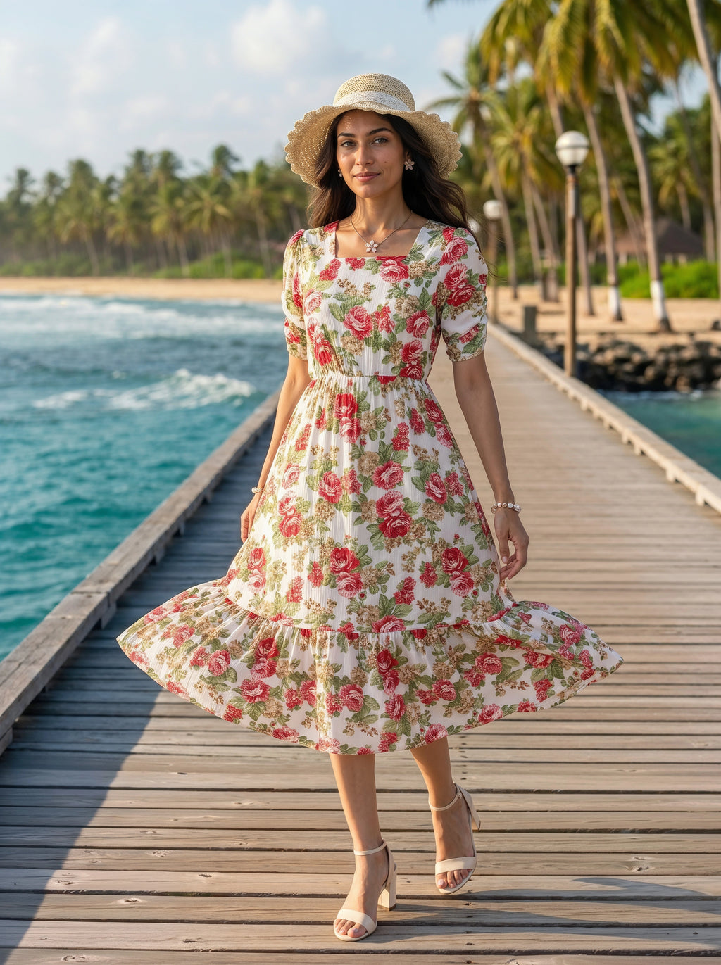 A woman wearing a short-sleeve tiered midi dress with a red and green floral print walks along a wooden boardwalk next to the ocean.