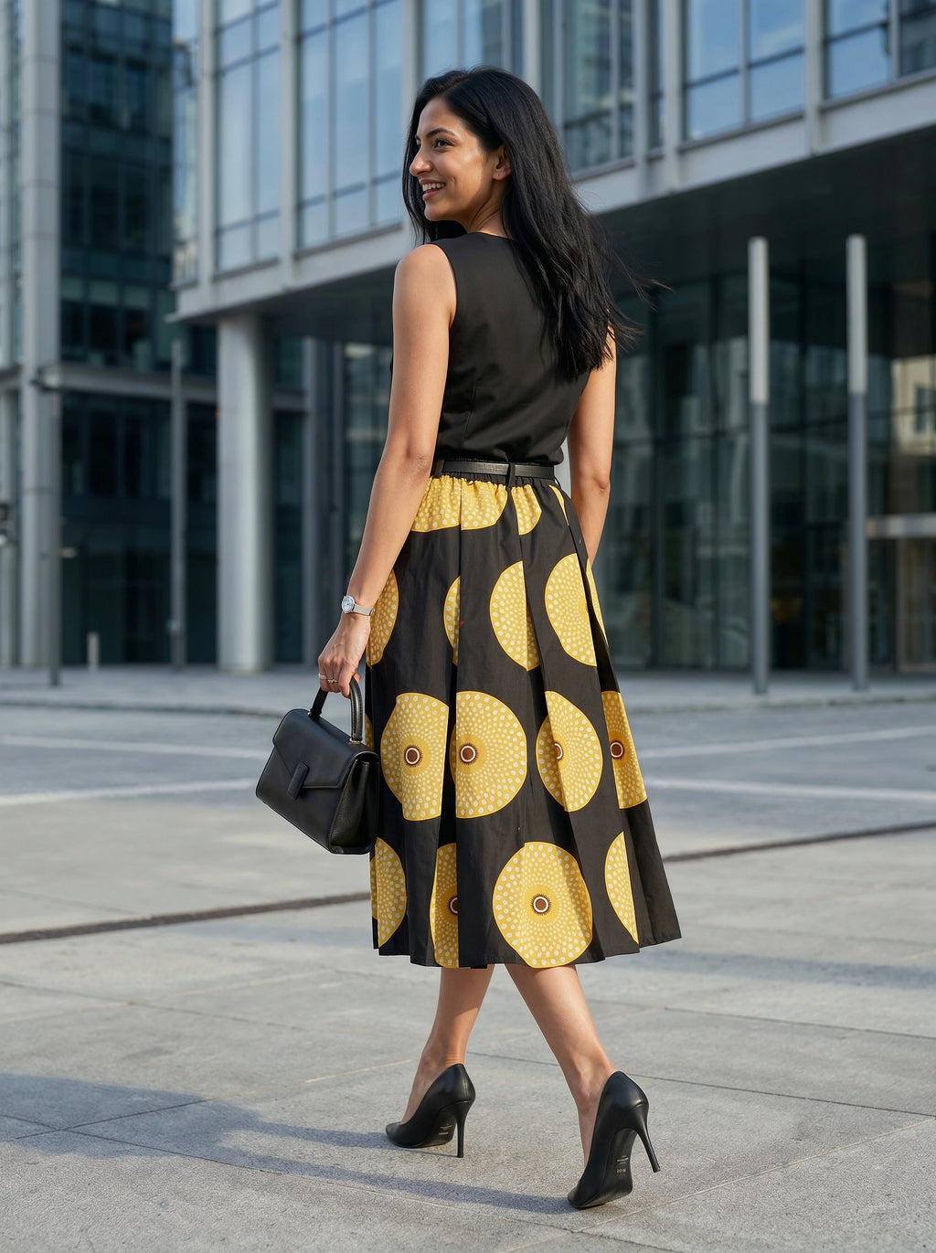 Woman wearing a black sleeveless top and yellow patterned skirt in an urban setting.