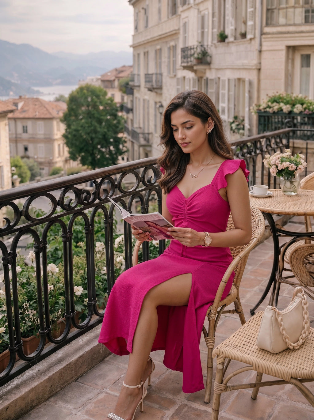 A woman sits on a wicker chair on a balcony, wearing a bright fuchsia pink sleeveless dress with a ruched bodice and thigh-high slit. She is holding a magazine, with a beige handbag beside her and a scenic town view in the background.