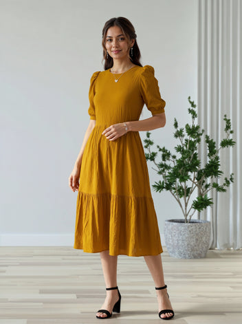 Mustard Puff Sleeve Tiered Midi Dress for Women