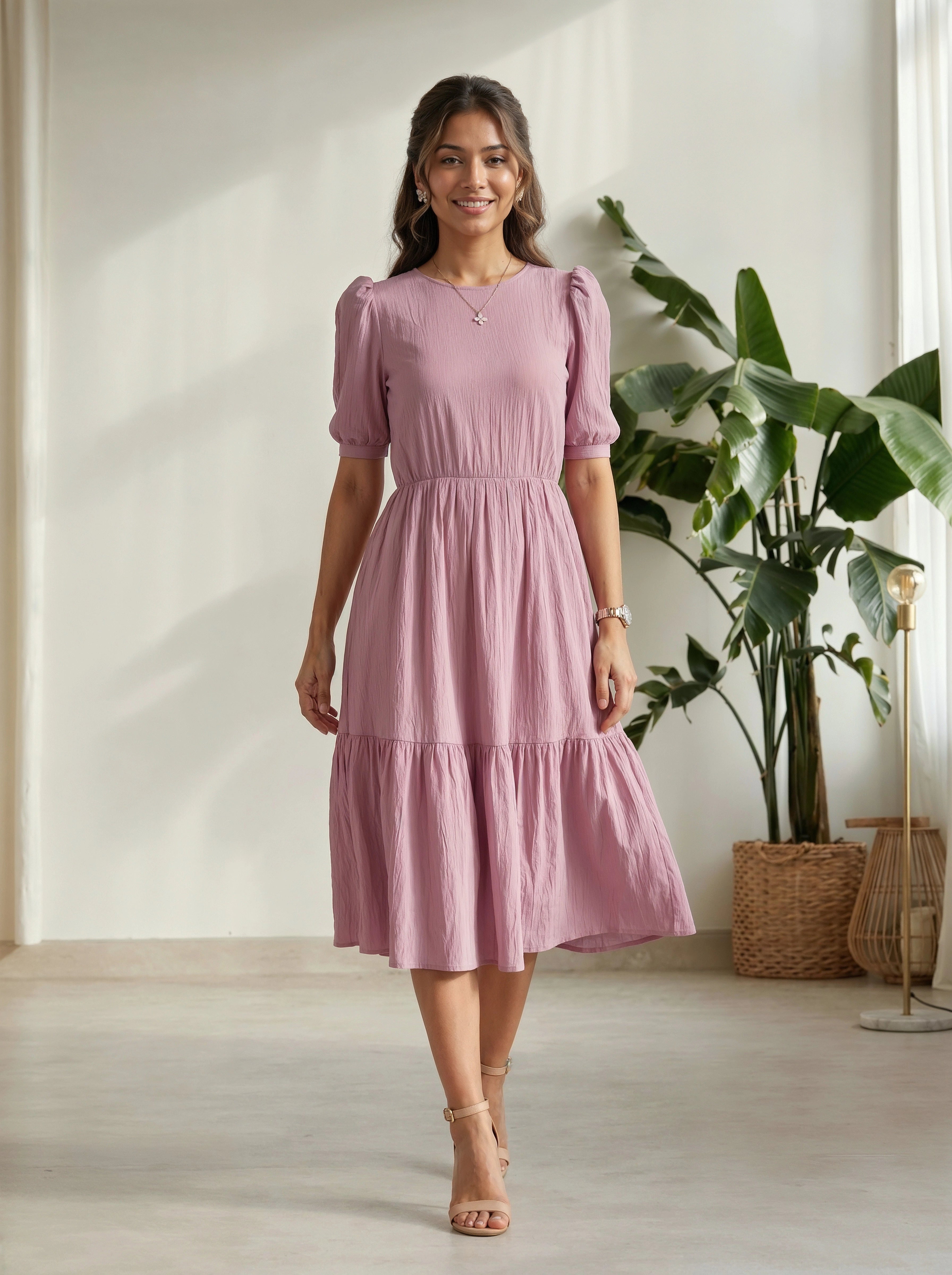 Woman wearing a pink dress standing in a room with plants and a light-colored floor.