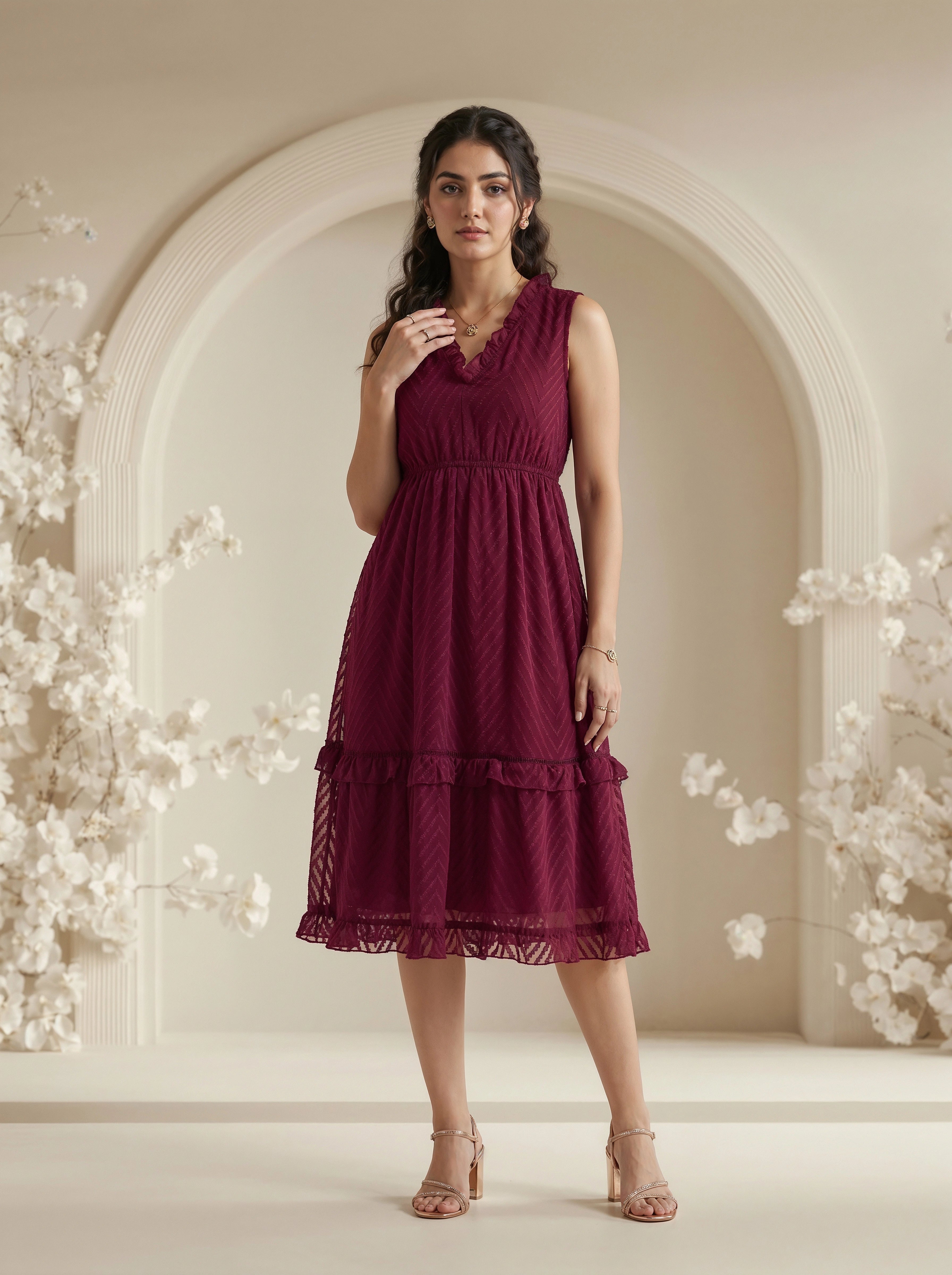Woman wearing a burgundy dress with floral decorations in a softly lit room.