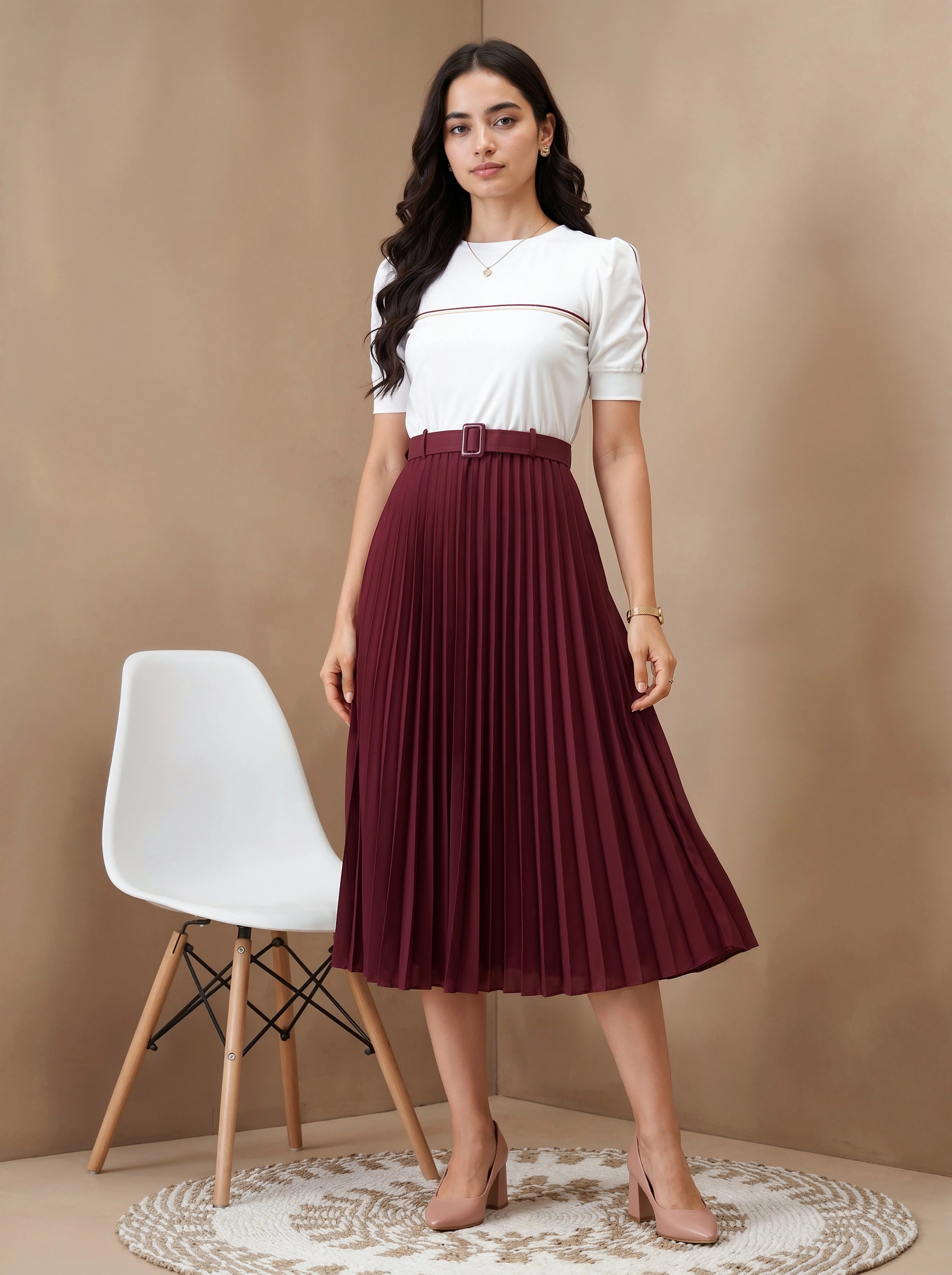 Woman wearing a white top and burgundy pleated skirt standing against a beige background.