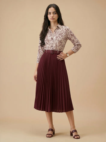 Women's floral midi dress with pleated burgundy skirt