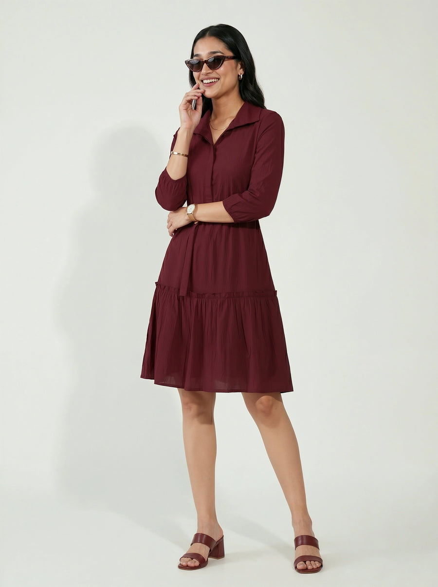 Worn with the Burgundy Shirt Dress with Tiered Hem and Three-Quarter Sleeves