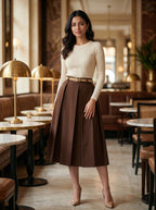 Woman in a stylish outfit standing in a restaurant setting
