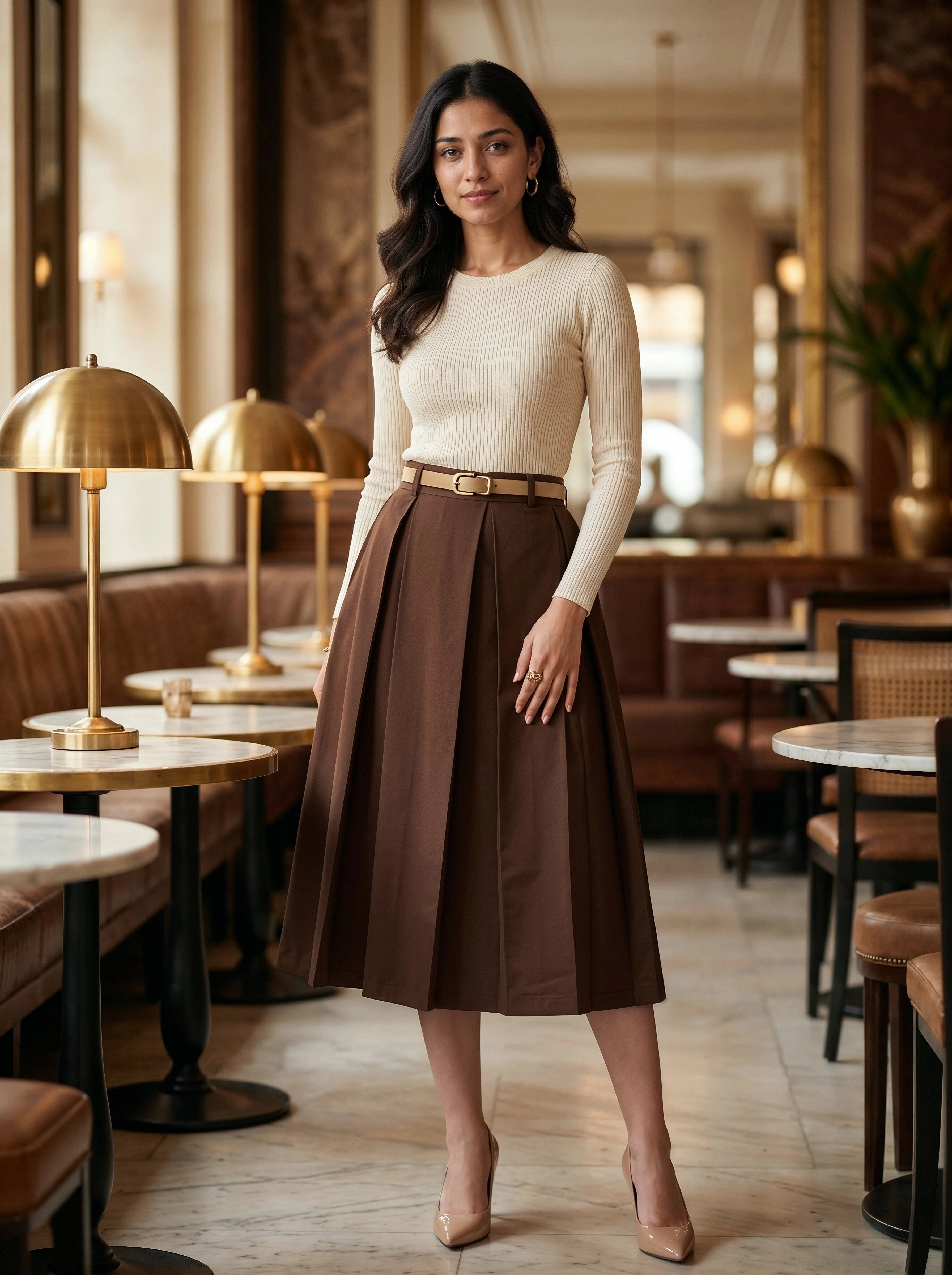 Woman in a stylish outfit standing in a restaurant setting