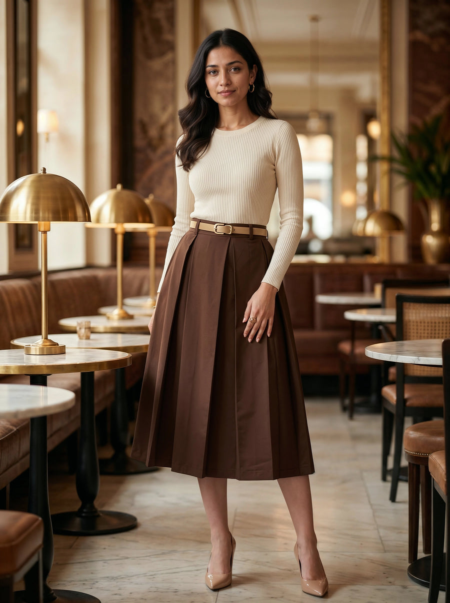 Worn with the Brown Pleated Midi Skirt for Women