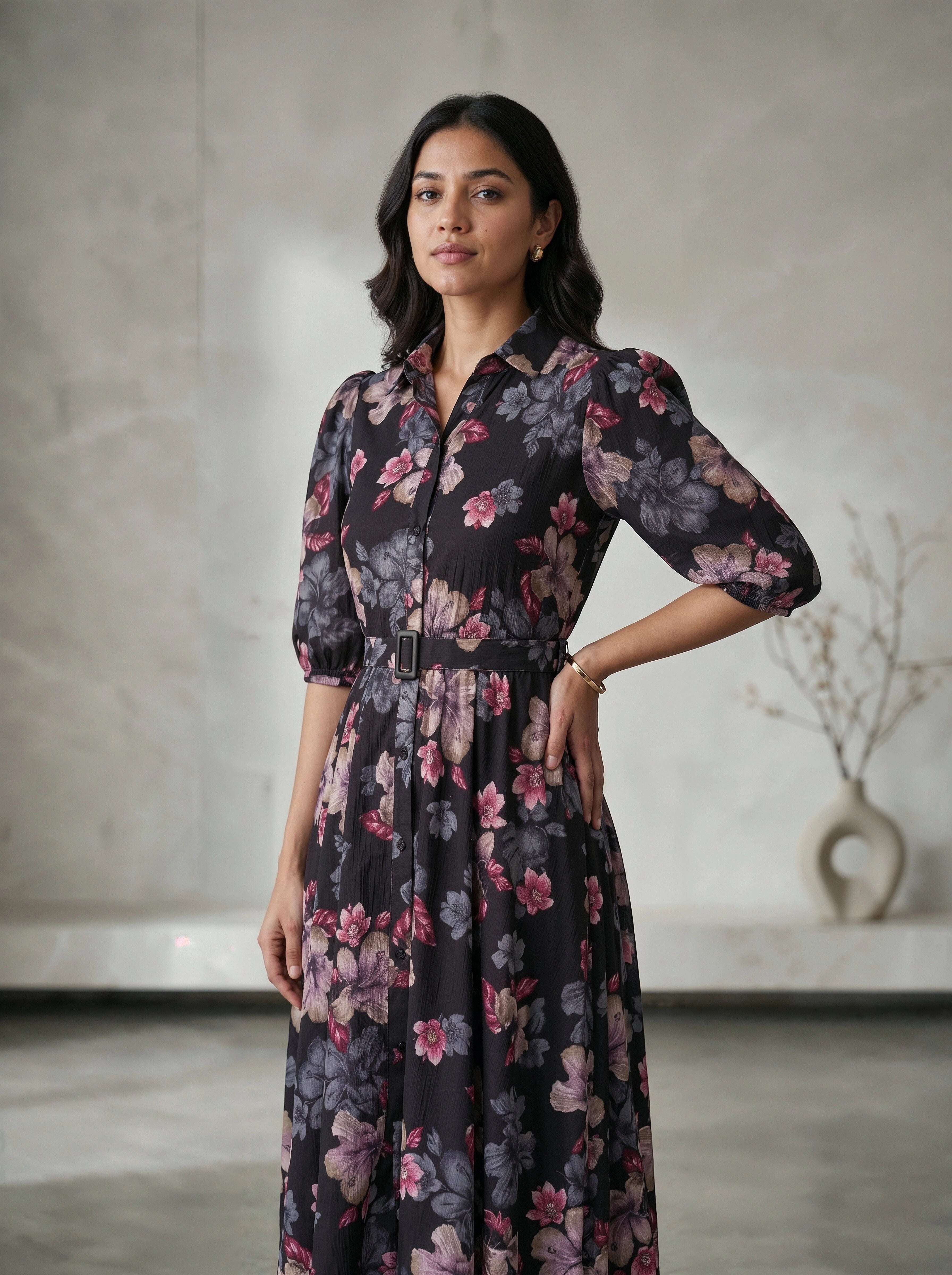 Woman wearing a dark floral dress against a neutral background