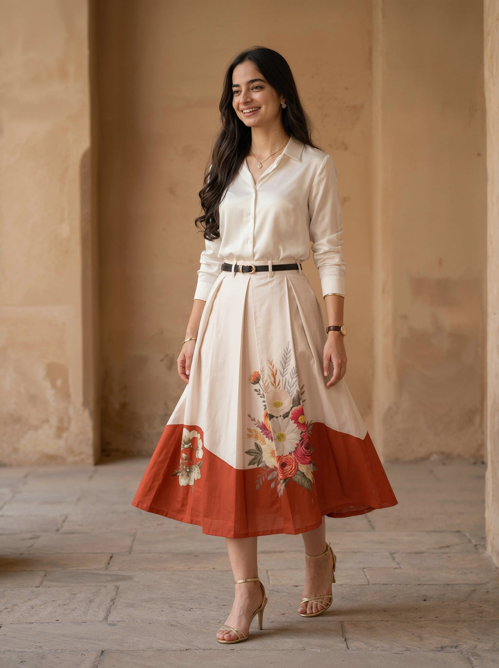 Woman wearing a white shirt and red skirt with floral patterns in an outdoor setting.
