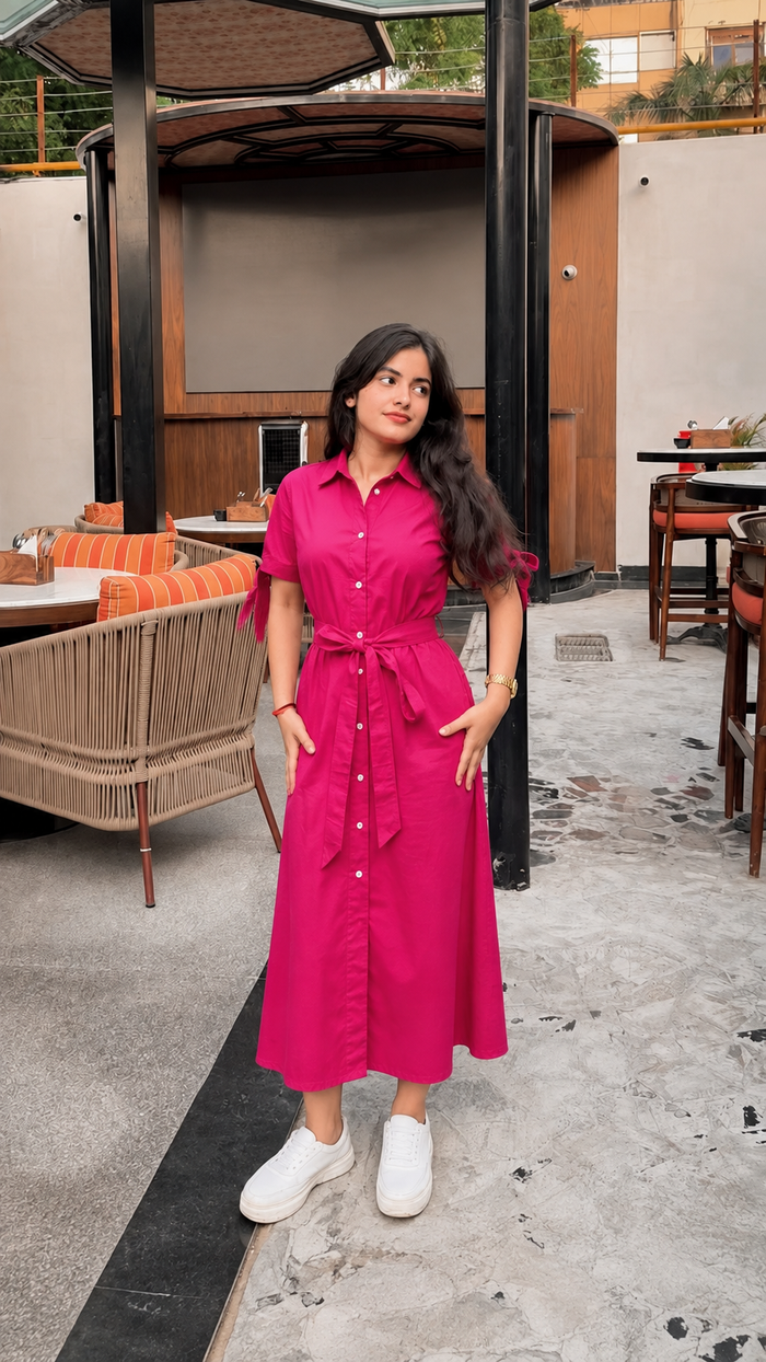 Pink Belted Shirt Dress with Tie-Waist Detail