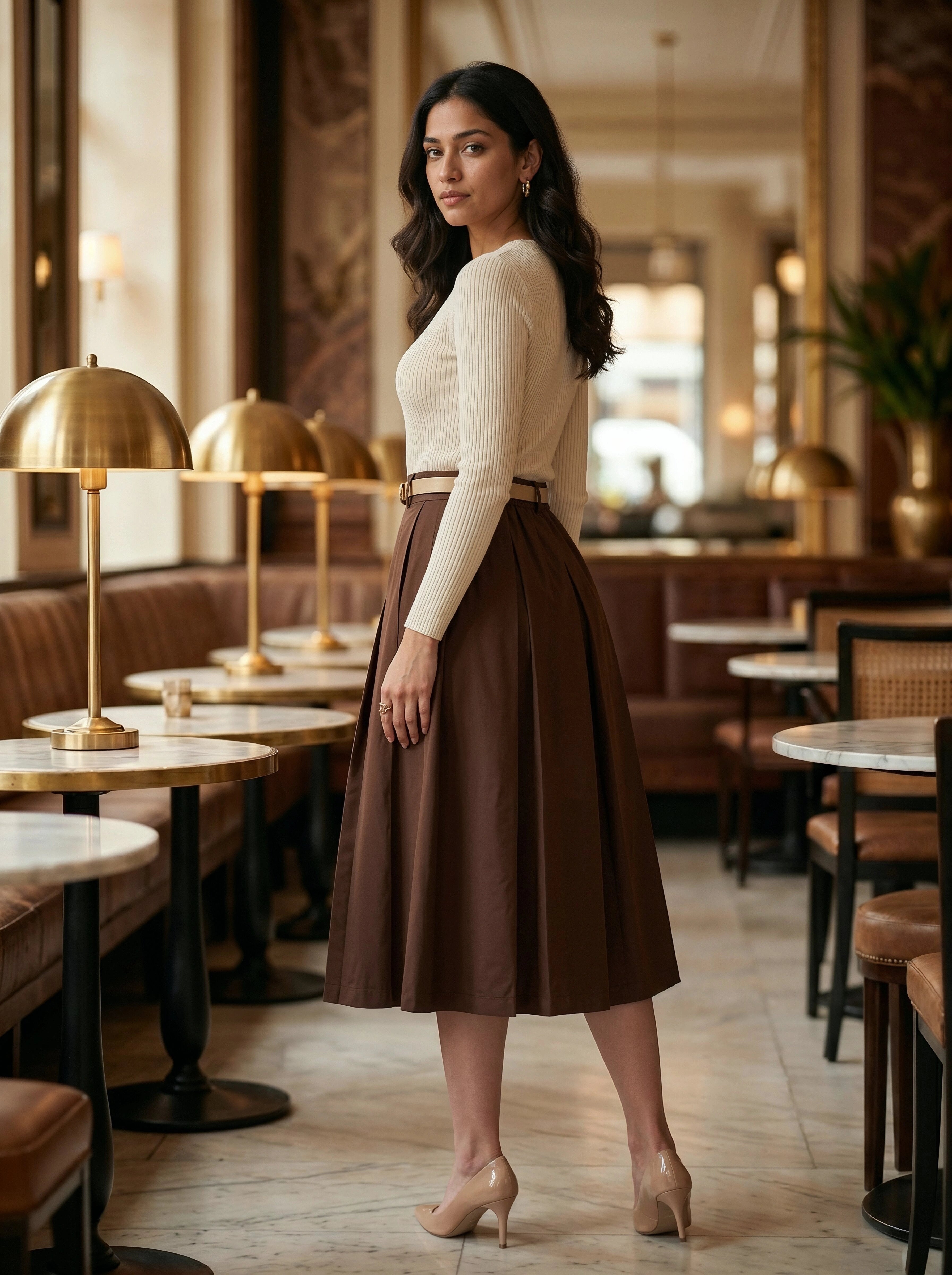 Woman in a brown skirt and white top standing in a stylish restaurant.