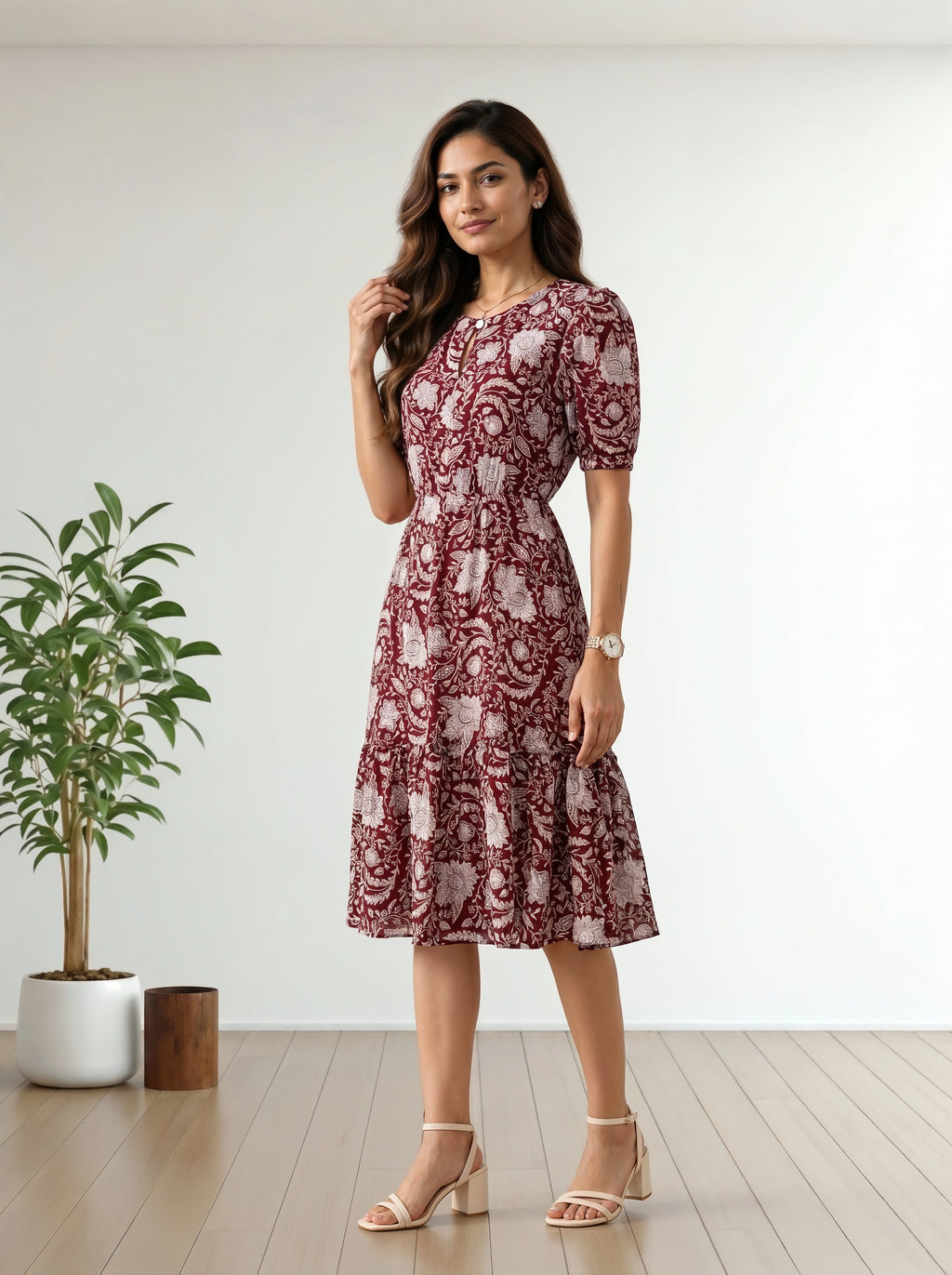 A woman modeling a short-sleeve midi dress with a red and beige paisley pattern, standing in a bright room with a wooden floor and a potted plant.