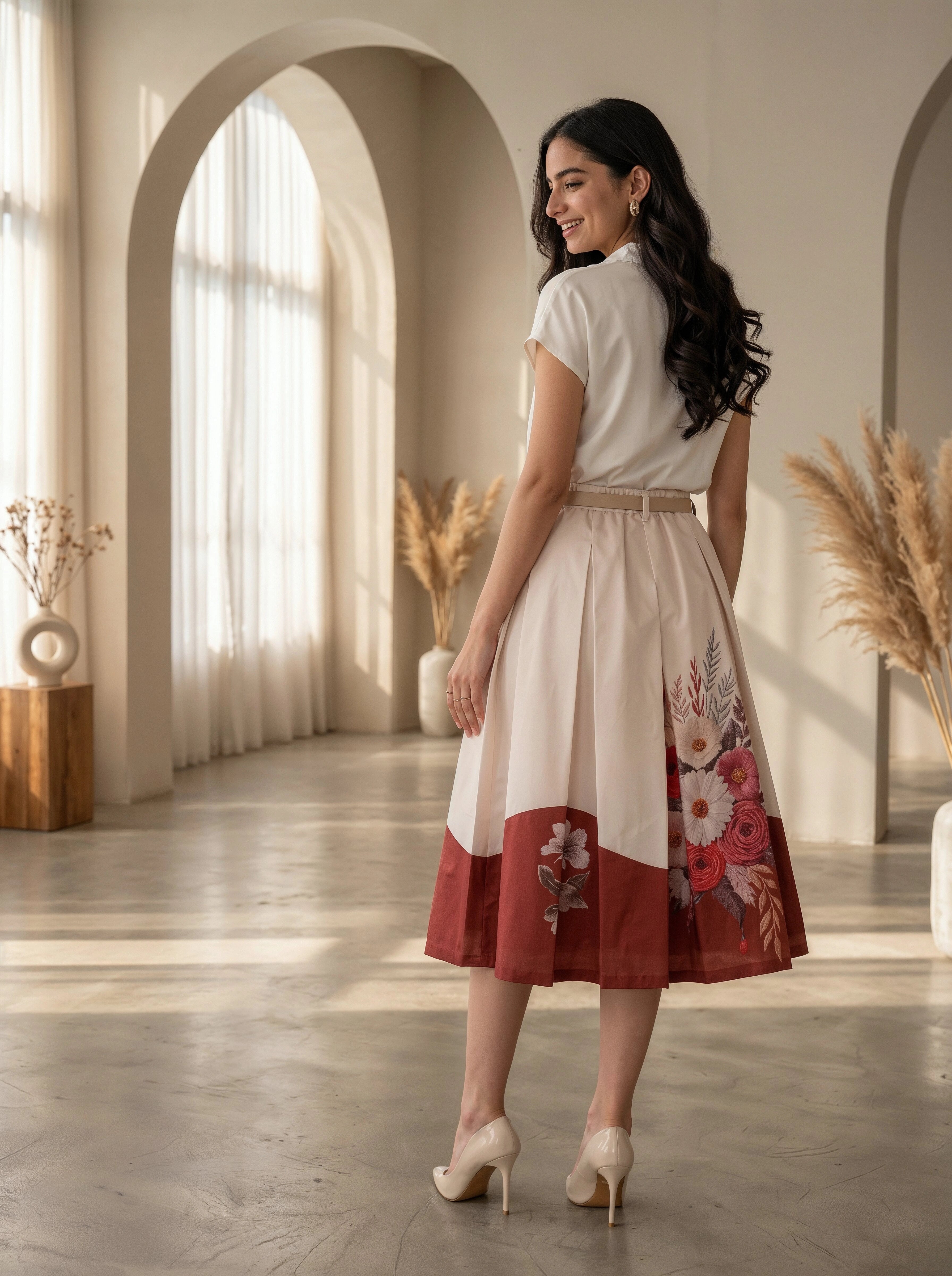 Woman wearing a white blouse and floral skirt in a bright room with large windows.