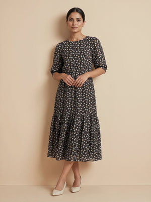 Black Floral Printed Puff Sleeve Dress