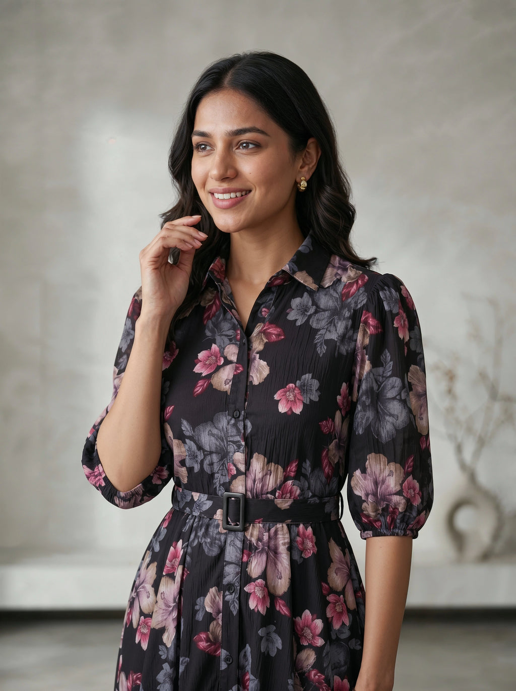 Woman wearing a floral dress with a blurred background