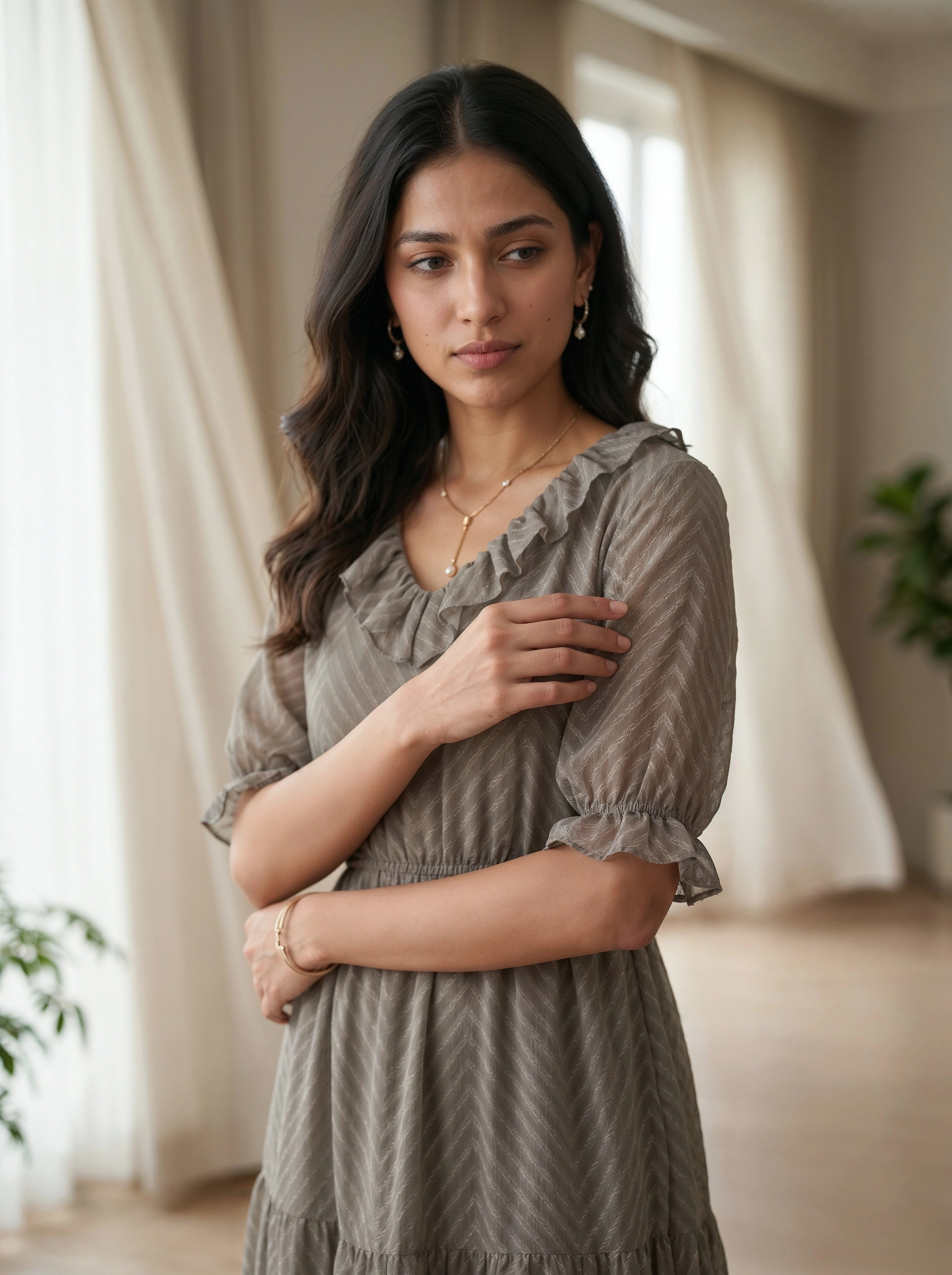 Woman wearing a gray dress standing in a softly lit room with curtains and plants.